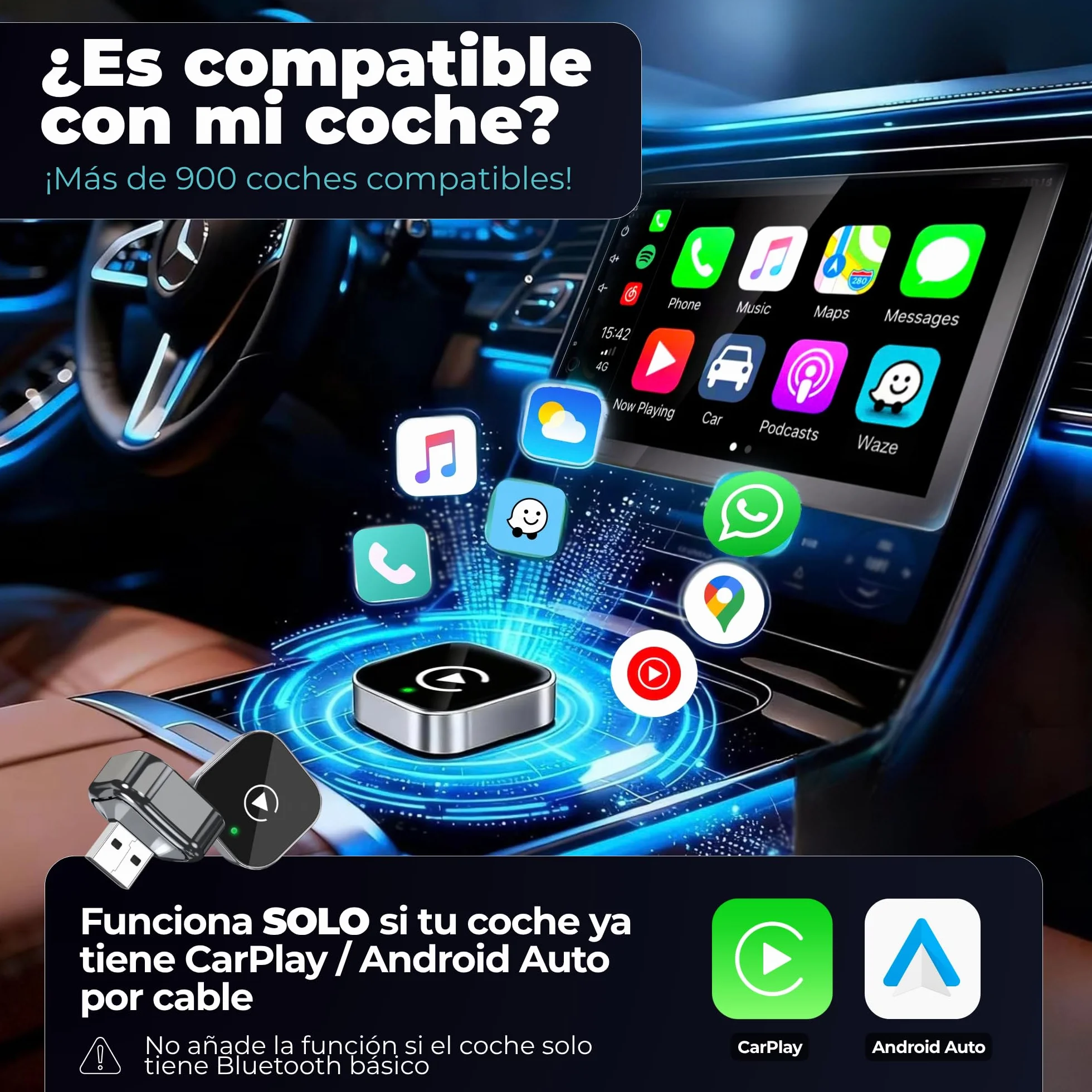 Adaptador CarPlay Inalámbrico y Android Auto Inalámbrico 2 en 1 Mini Versión 2026, Dongle USB-A/USB-C Plug & Play para Coches con CarPlay o Android Auto por Cable
