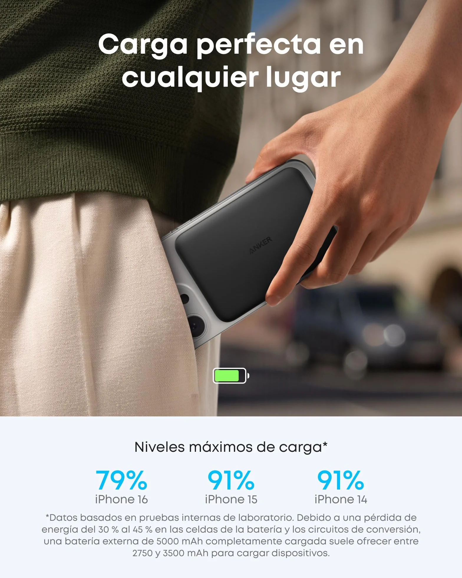 Anker Nano Certificado Qi2 15W Power Bank Magsafe ultradelgada de 5000 mAh, Cargador portátil Compatible con MagSafe,diseño ergonómico, para iPhone 17/16/15/14, Negro