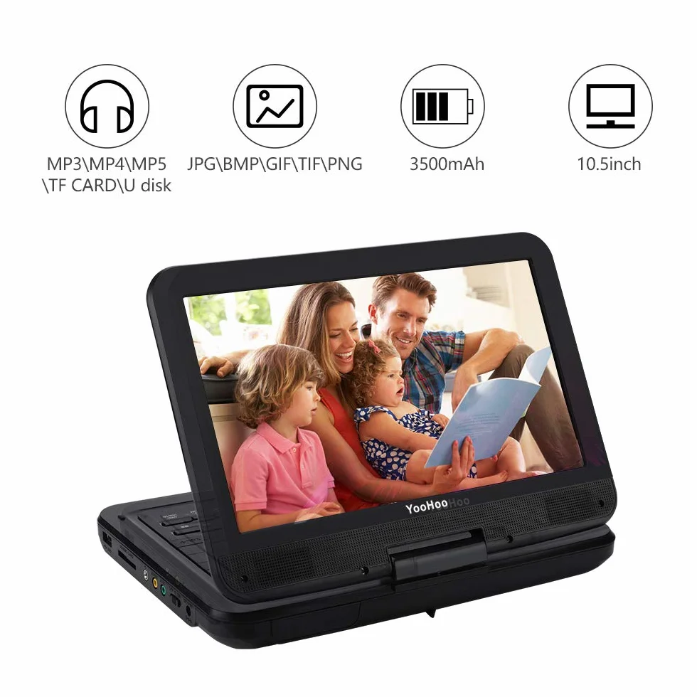 YOOHOO Reproductor de DVD Portátil 12.5 Pulgadas con Pantalla HD 10.5 Pulgadas y Batería Recargable