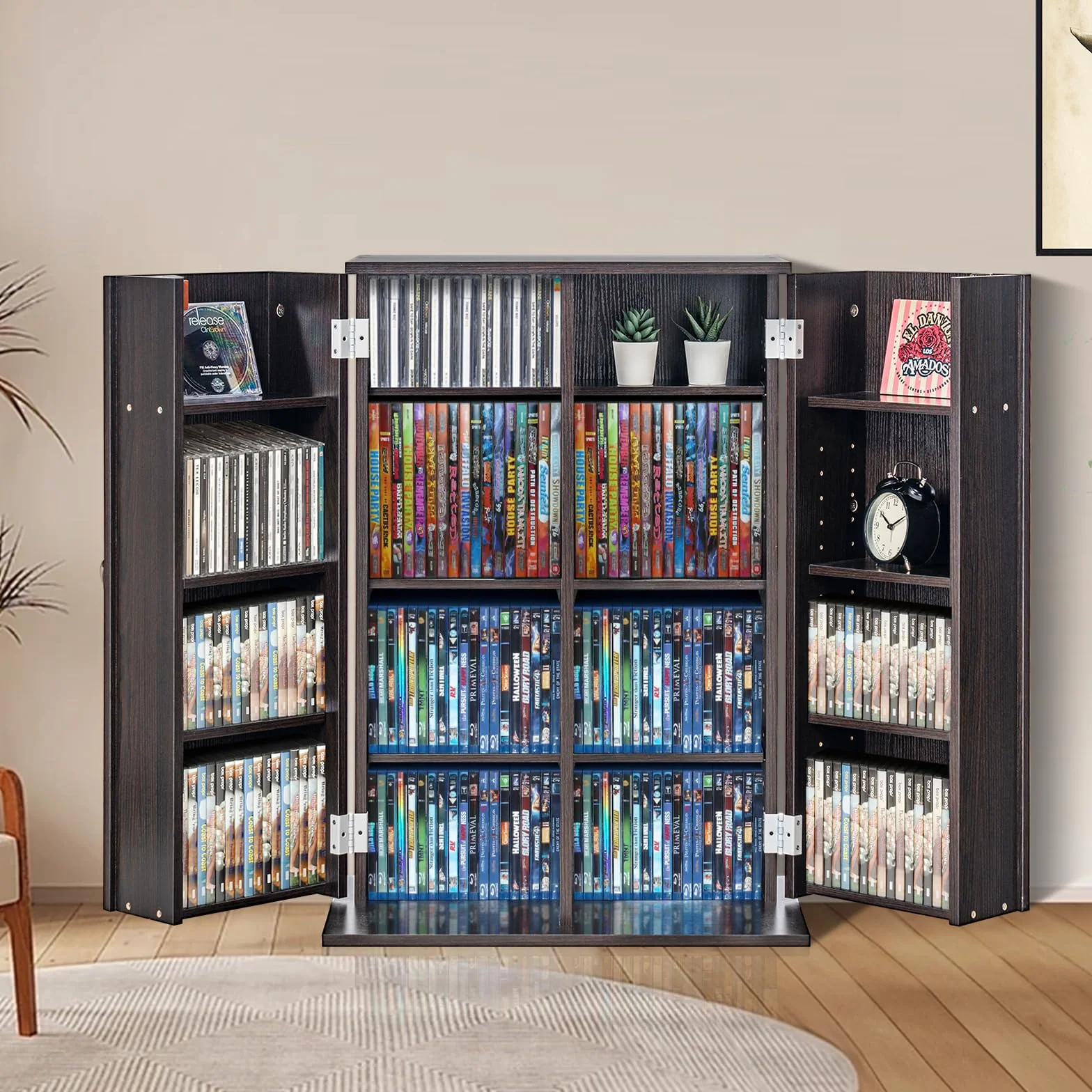 VEVOR Mueble de Almacenamiento Multimedia Mueble para DVD con Puertas y Estantes Capacidad para 576 CD Estante Ajustable de DVD para Películas, Videojuegos o Colecciones, Color de Café Expreso