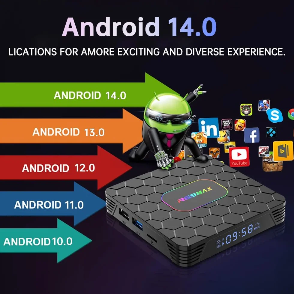 Android 14.0 TV Box, Box TV 4GB RAM 32GB ROM RK3528 Quad-Core Cortex-A53 8K Decoder, Soporte 2.4G/5.0GHz Dual Wi-Fi 6 BT 5.0, USB 3.0/2.0, HDMI 2.0 Smart TV Box