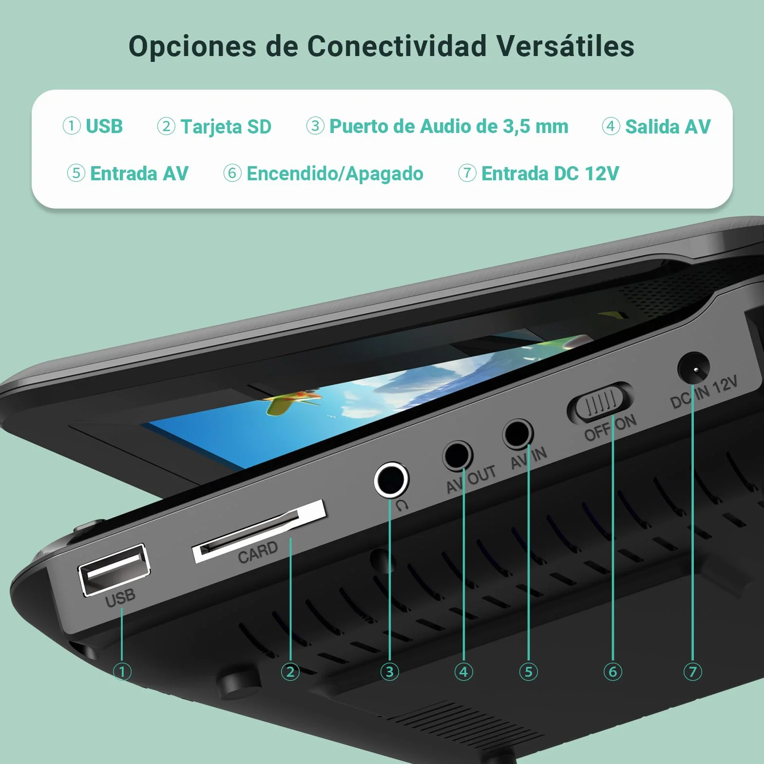 POFOTO Reproductor DVD portátil 9,5'' Pantalla giratoria HD 7,5'' 6h Autonomía Altavoz estéreo Discos/SD/USB Sincronización TV Antigolpes Negro