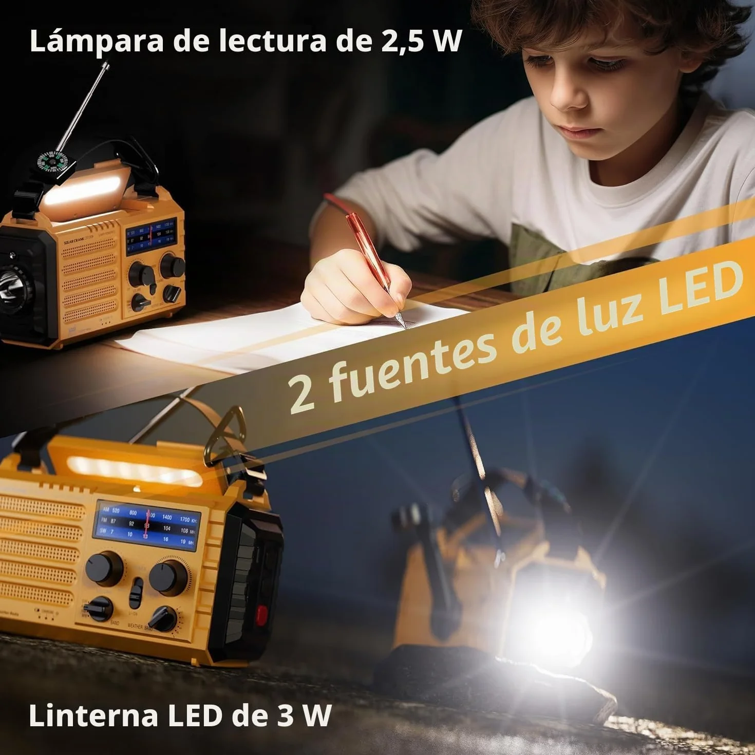 5000mAh Radio Solar, Radio de Emergencia Portátil con Manivela, Radio Dynamo Weather Am/FM, Cargador de Teléfono USB, Linterna LED y Luz de Lectura, Alarma SOS, Brújula para Acampar al Aire Libre