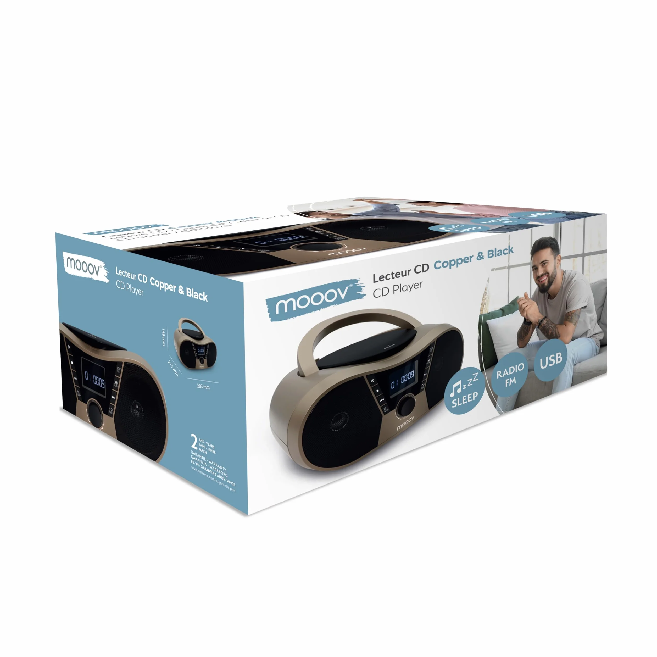 Mooov 477406 - Reproductor de CD portátil, Lector CD Audio CD-R/CD-RW, Radio FM, Puerto USB para MP3, Sonido estéreo de 4W, asa ergonómica, Funciones Sleep e ID3, Copper & Black