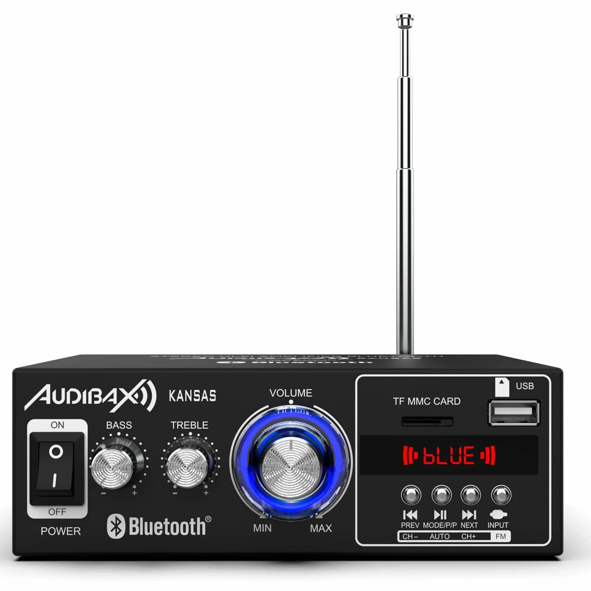 Audibax Kansas - Amplificador de Audio HiFi - Conexión Bluetooth - Potencia de 40W + 40W - Entradas para Micrófonos, SD y USB - Amplificador HiFi Estéreo con Reproductor MP3 y Radio FM