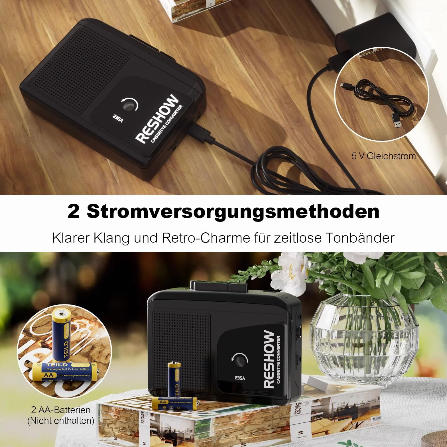 Reshow Grabadora de Casete Portátil Convertidor USB a MP3 con Micrófono y Altavoz, Auriculares Incluidos Negro