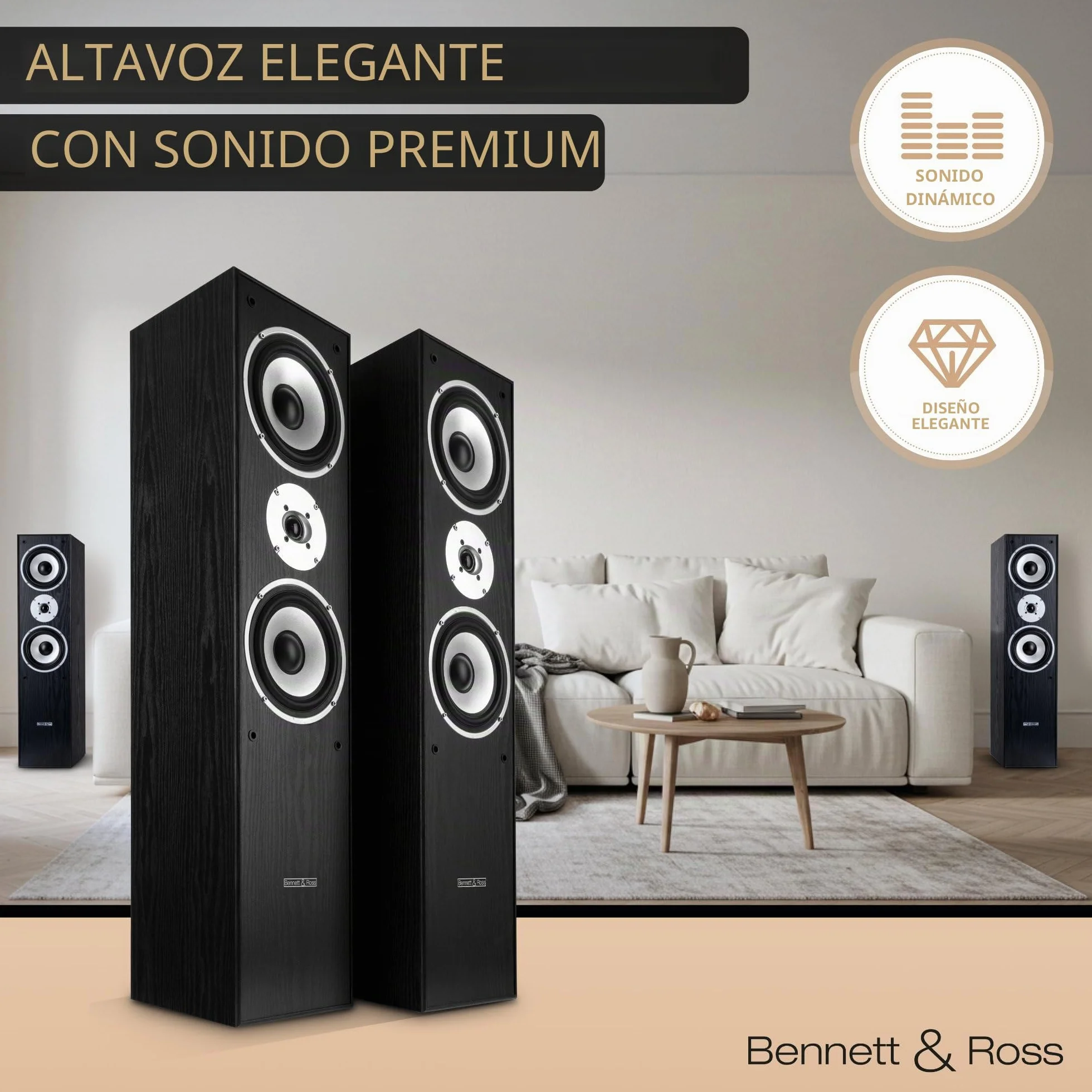 Bennett & Ross Radiant Altavoces de Suelo HiFi 3 vías Pareja 350W RMS Negro