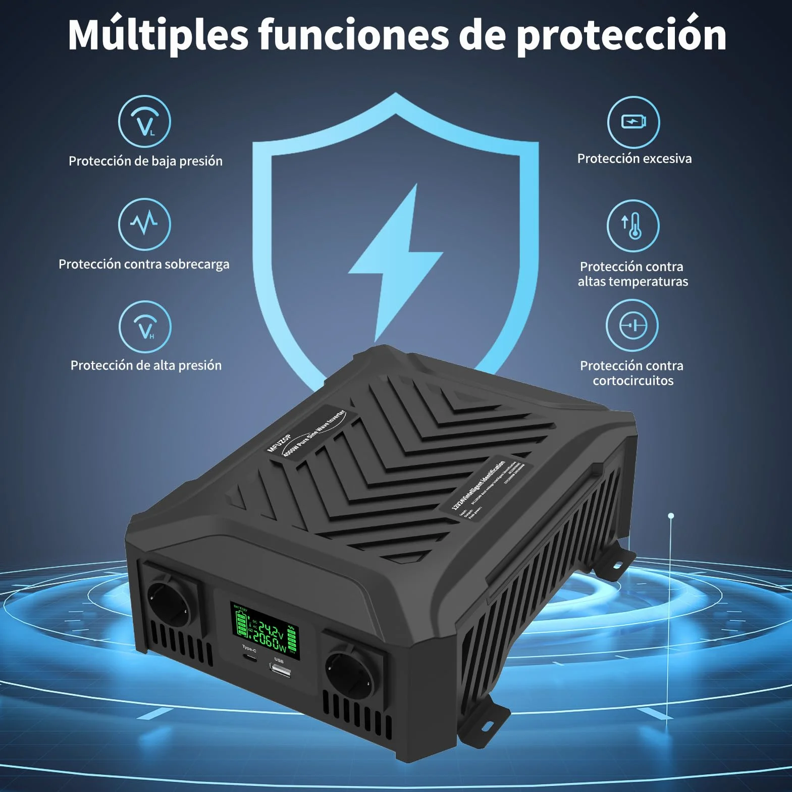 Inversor 24V 220V/230V Onda Pura 2300W, Convertidor 24V 220V 2300W con Pantalla LCD, 2 Tomas AC, 1 USB-A y 1 USB-C, para Autocaravana, Camión, Transformador Fuera de Red