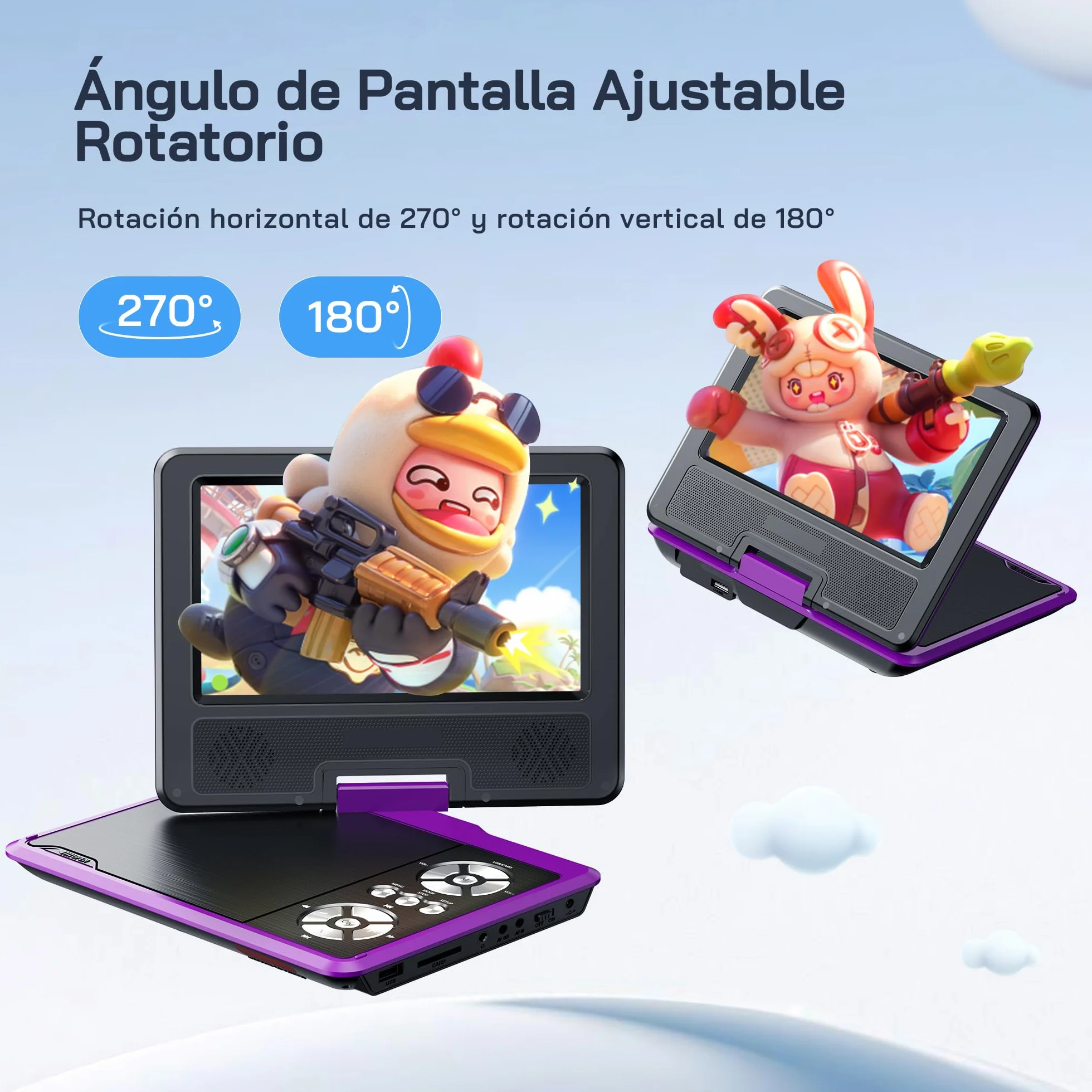 WOLFANG Reproductor DVD Portátil 9,5 Pulgadas Niños Coche Pantalla HD Giratoria 7,5 Pulgadas Altavoces Estéreo 6h Autonomía Púrpura