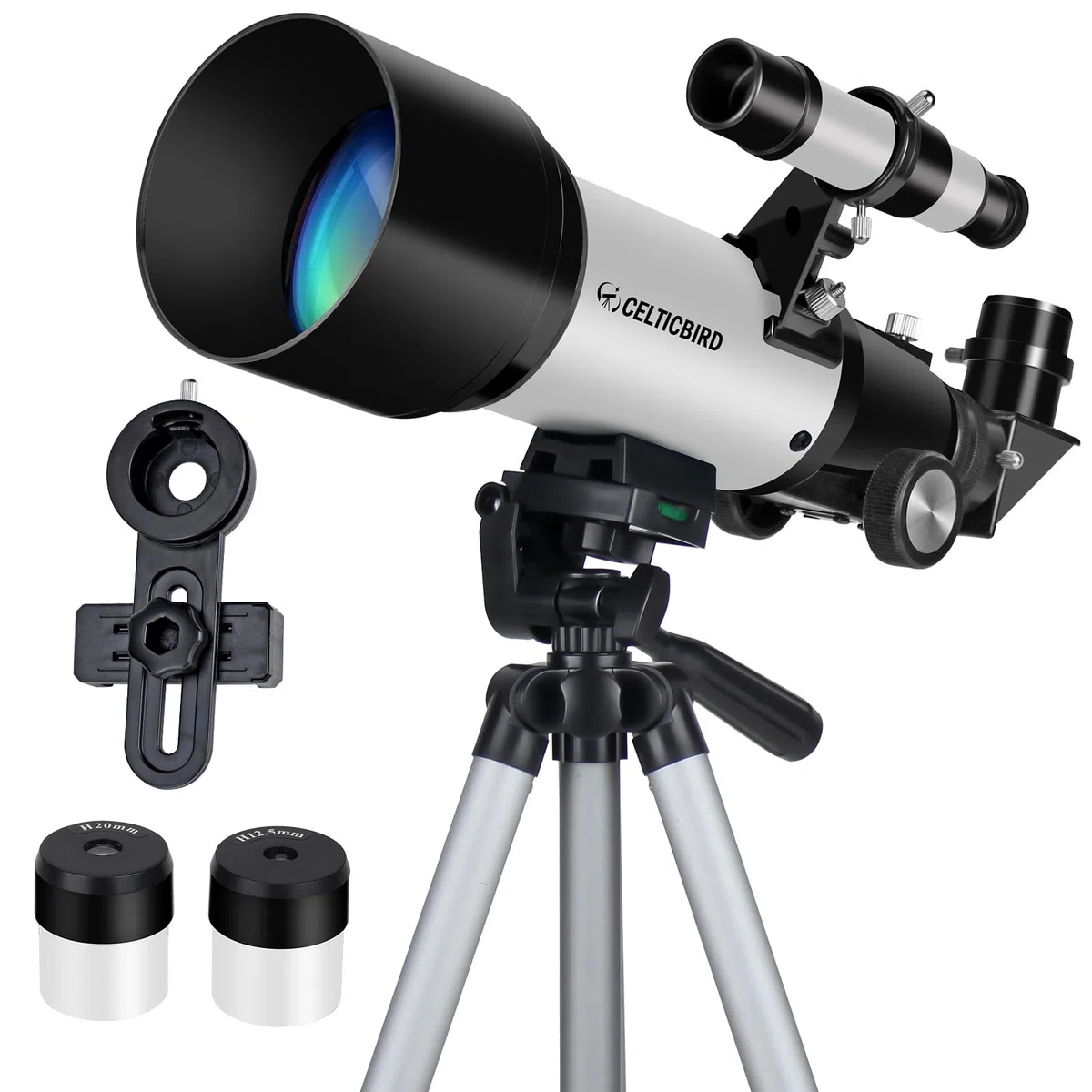 CelticBird Telescopio de 70 mm de Apertura de 400 mm – Telescopio de refracción astronómica para Adultos y Principiantes (70400 Gris)