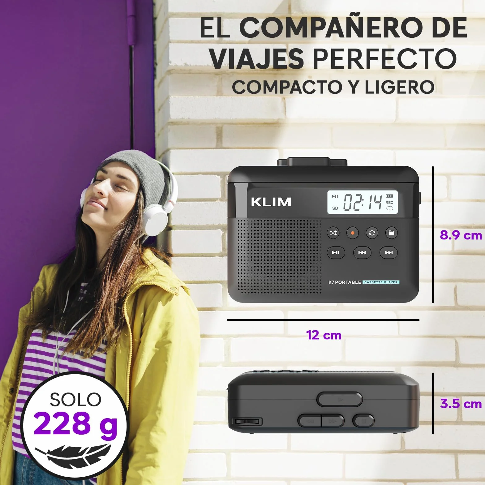 KLIM K7 Reproductor Cassette a MP3 Portátil con Micrófono y Altavoz Integrados Batería Recargable Negro
