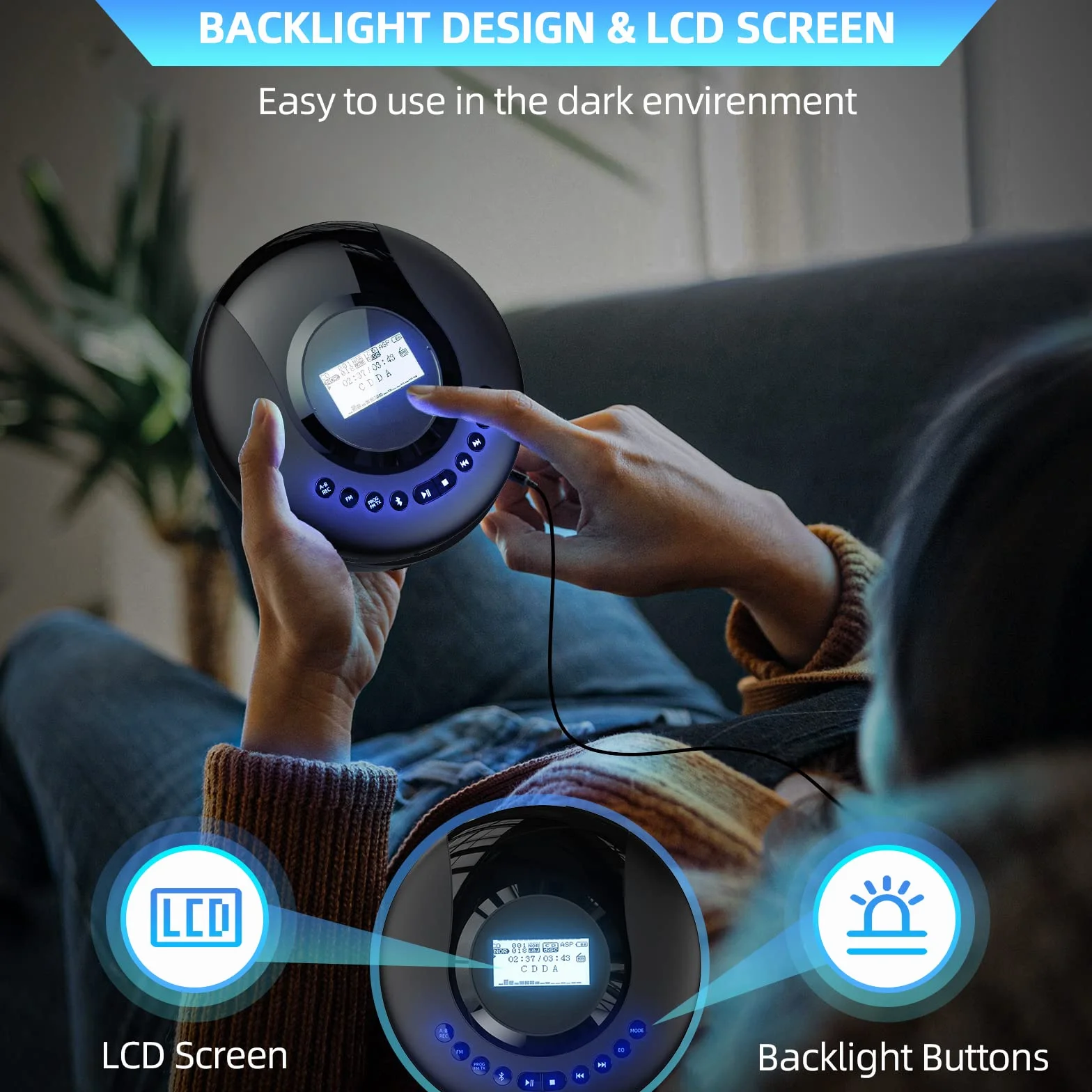Arafuna Reproductor de CD portátil, Reproductor CD Bluetooth para Coche y niños, Discman CD portatil Recargable de 2000 mAh, protección a Prueba de Golpes, Radio FM, Tomas de Auriculares duales
