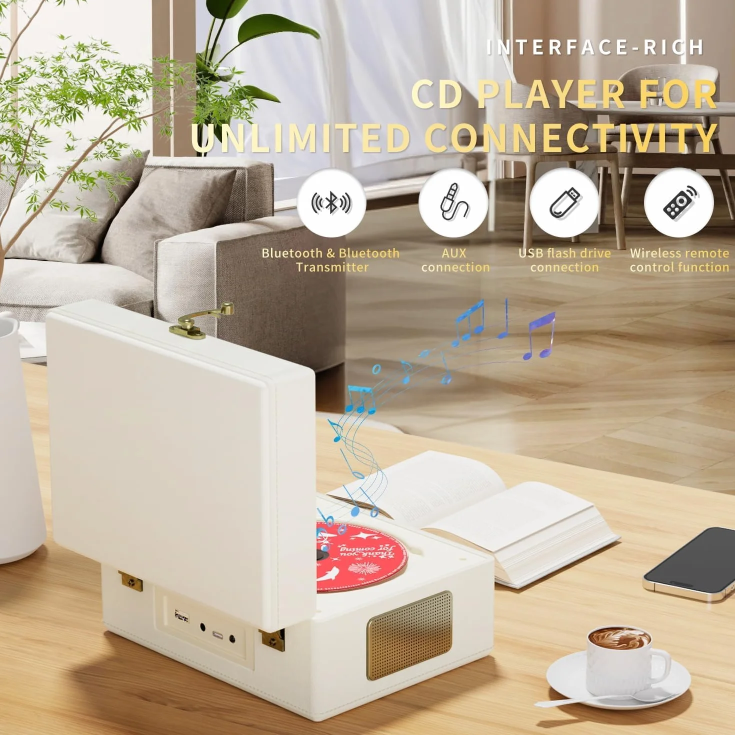 Yintiny Reproductor de CD recargable de cuero con Bluetooth blanco