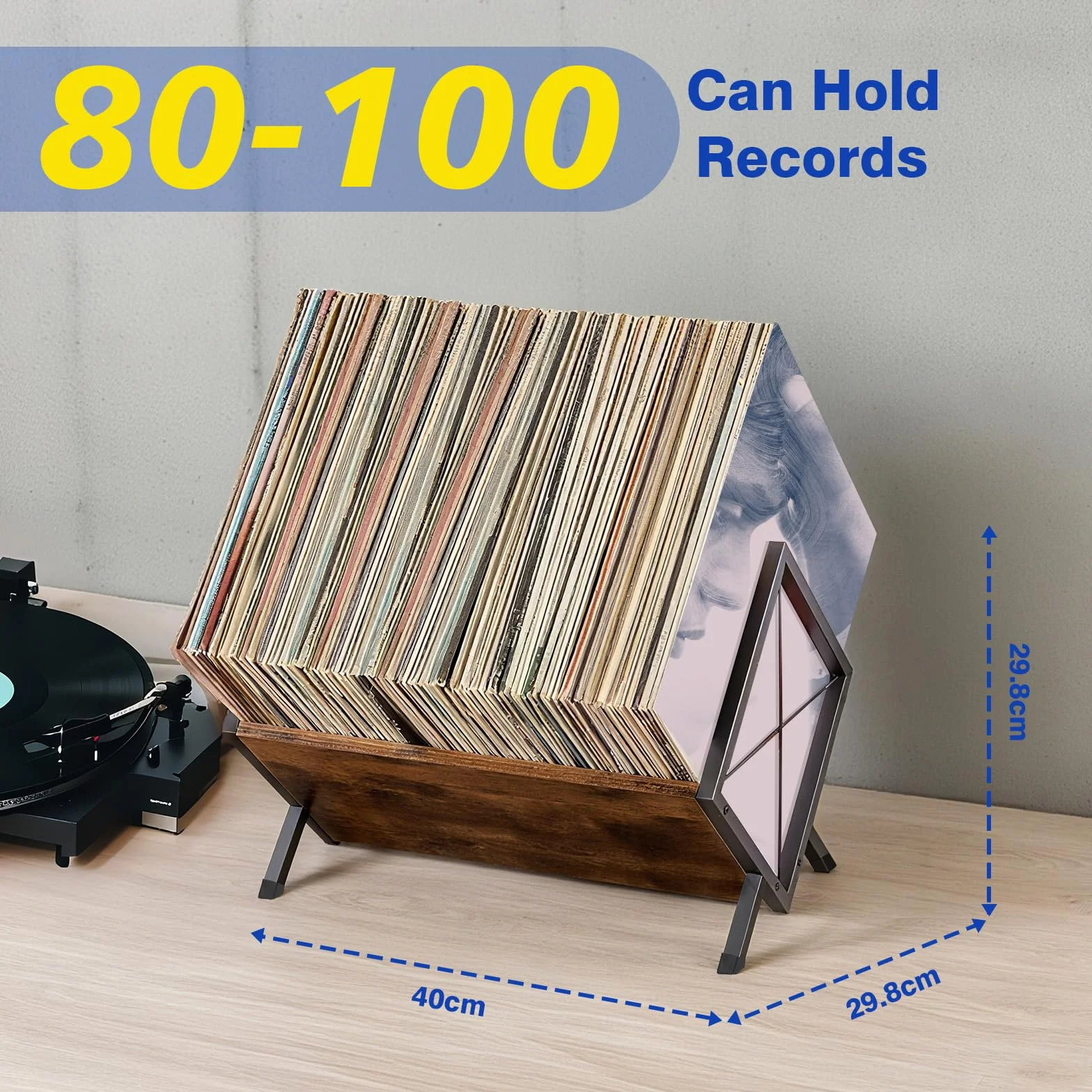 Soporte Para Discos de Vinilo, 80-100 LP Expositor Discos Vinilo, 40 x 30 x 30 cm, Estante de 1 Nivel Con Separador Antideslizante, Organizador Para CD, Álbumes, Revistas y Libros