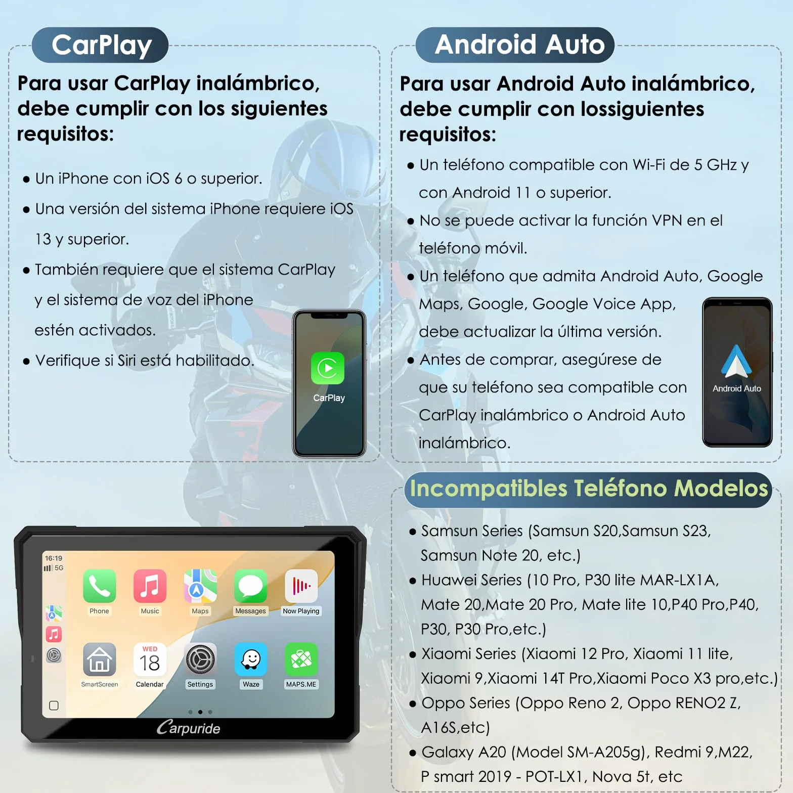 Carpuride W702BS Pro Motocicleta Carplay Pantalla 7" Impermeable táctil Inalámbrico CarPlay Android Auto Dual Bluetooth Intercomunicador