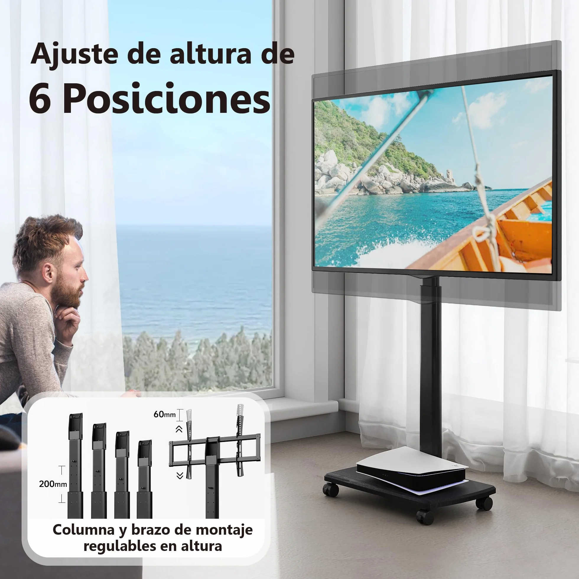 FITUEYES Soporte TV con Ruedas Serie E Base Madera 32-70 Pulgadas MAX VESA 600x400mm Giratorio Ajuste Altura
