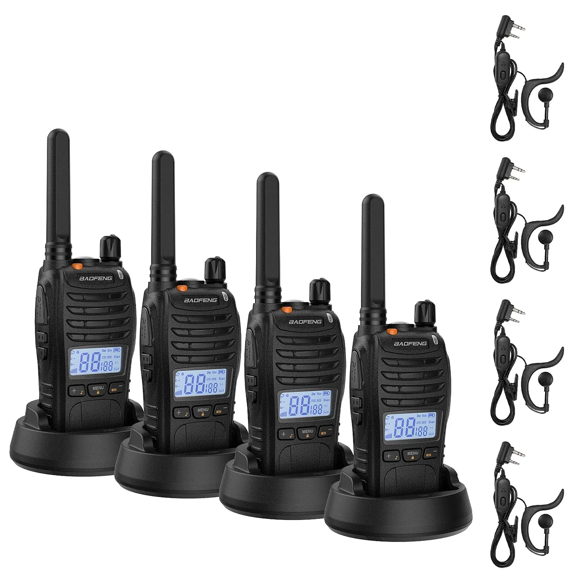 BAOFENG BF-88ST Pro PMR446 Walkie Talkie, Radio bidireccional Recargable de Largo Alcance Mejorada sin Licencia con Pantalla LCD, Reloj Dual VOX, Cargador de Escritorio y Auriculares, Paquete de 4