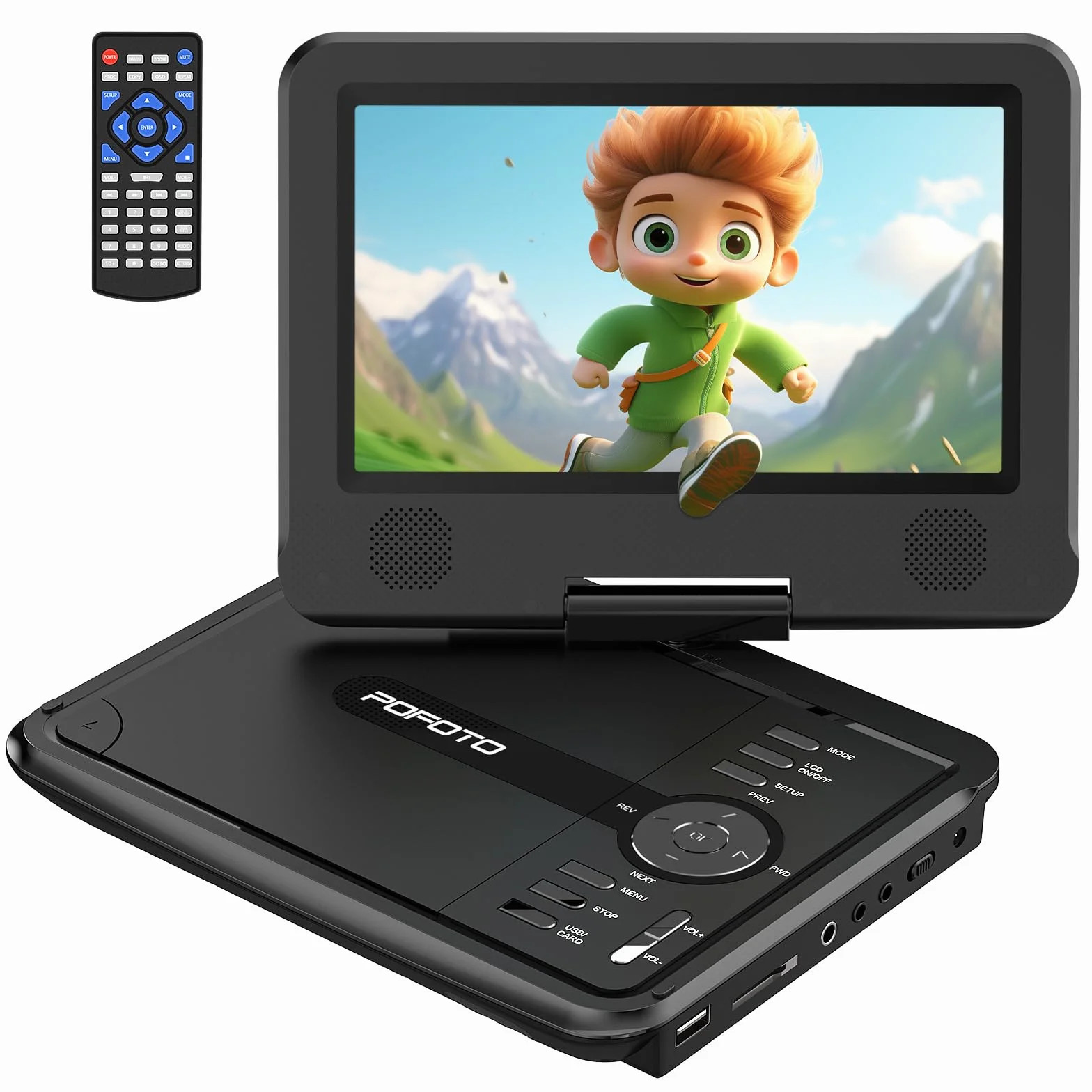 POFOTO Reproductor DVD portátil 9,5'' Pantalla giratoria HD 7,5'' 6h Autonomía Altavoz estéreo Discos/SD/USB Sincronización TV Antigolpes Negro