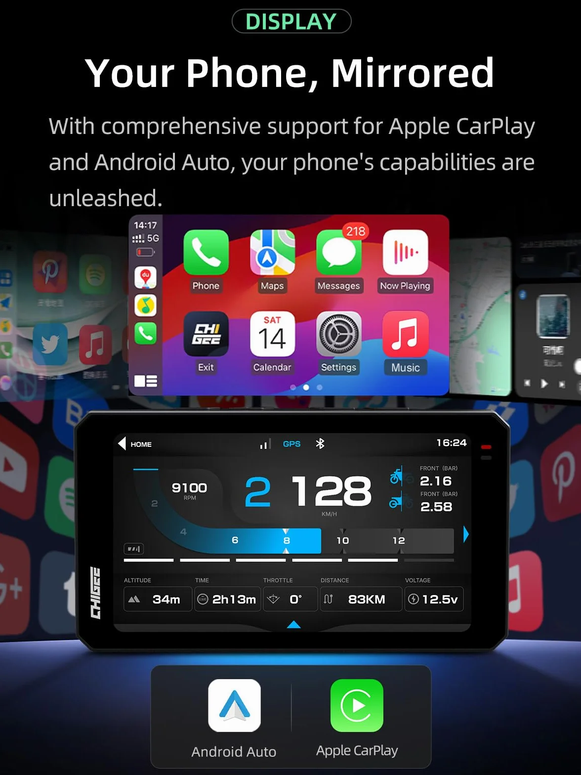 CHIGEE AIO-6 Pantalla Carplay Moto Android Auto 6 Pulgadas 2000Nit HDR Navegador GPS Impermeable IP69K 5G WiFi
