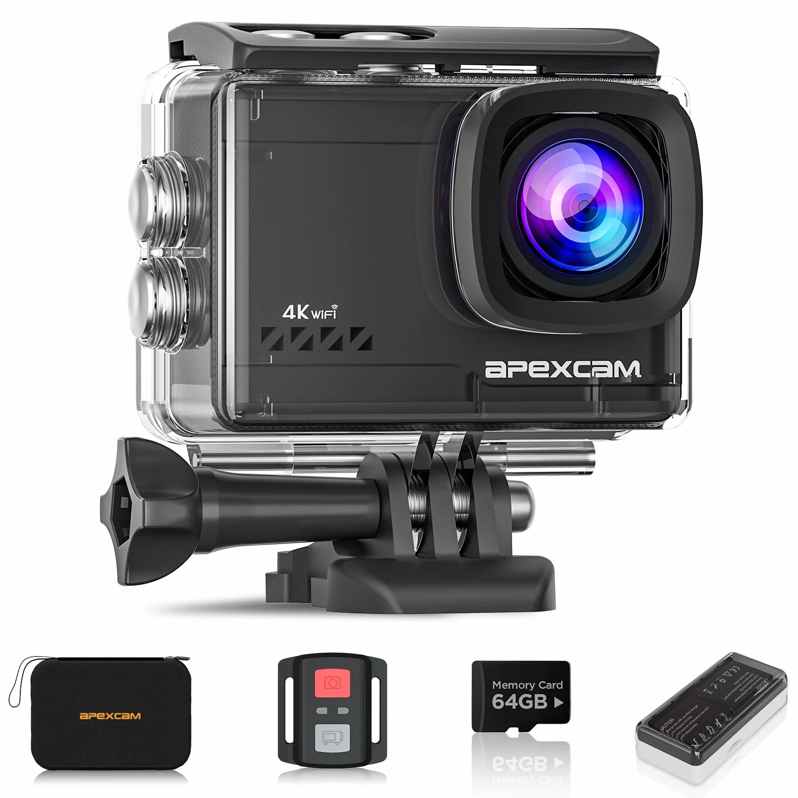 Apexcam Cámara Deportiva 4K WiFi Impermeable 40M Action Camera con Tarjeta 64GB y 2 Baterías 1350mAh