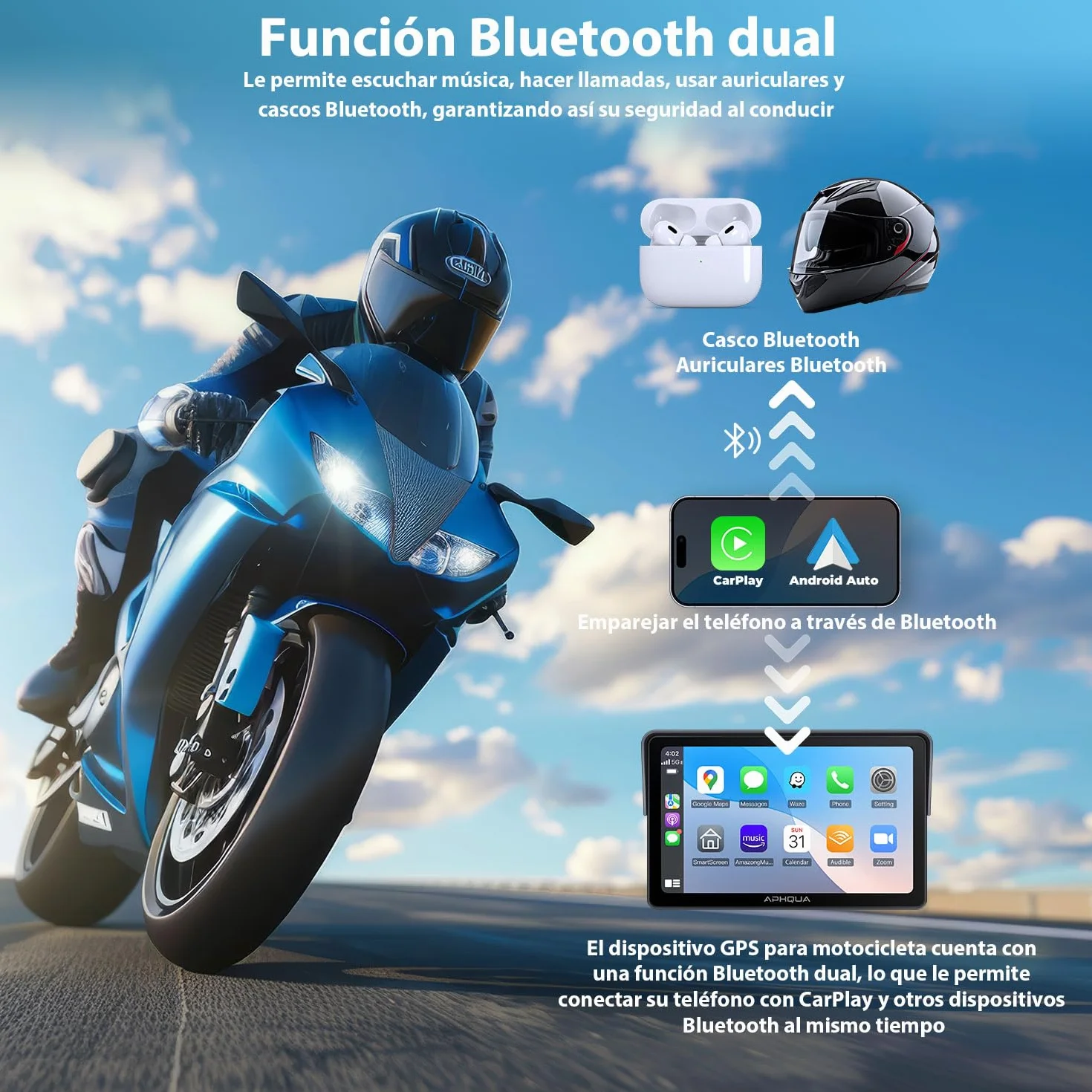 CarPlay Moto Soporte Forma U 7" Pantalla Táctil Impermeable Bluetooth GPS Navegación Android Auto Inalámbrico