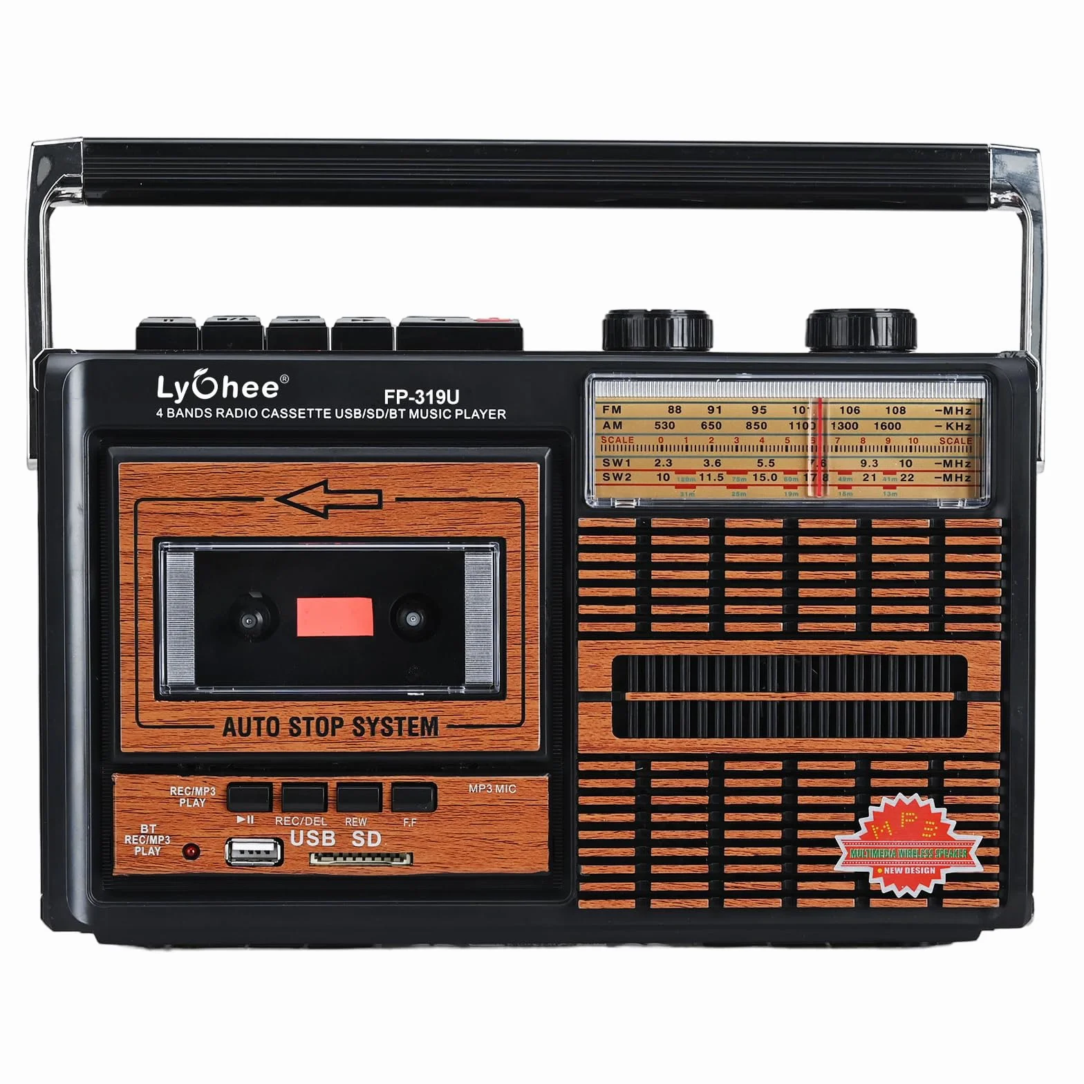 Lychee Boombox Grabador Reproductor Cassette Retro Portátil Radio AM/FM/SW1-2 Cuatro Bandas SD USB Marrón