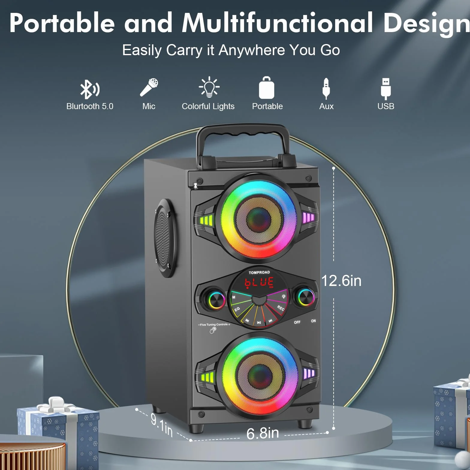 Altavoces Bluetooth, Altavoz Bluetooth inalámbrico portátil de 60 W para fiestas en casa al aire libre con subwoofer, radio FM, luces LED coloridas, micrófono, control remoto y gran potente sonido est