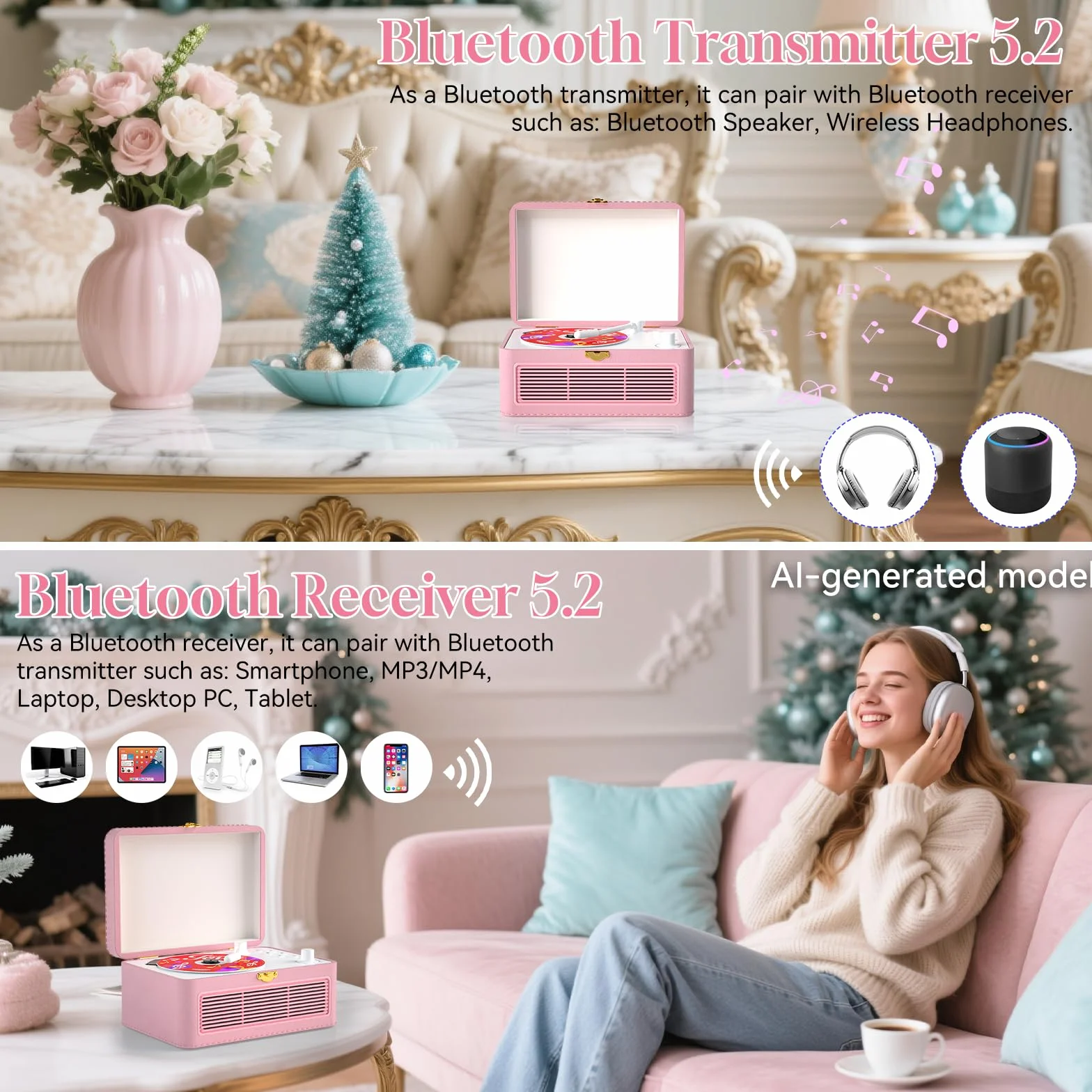Gueray Reproductor CD Portátil Bluetooth 3600mAh Recargable con Altavoces, Diseño Maletín Retro, USB AUX, Rosa