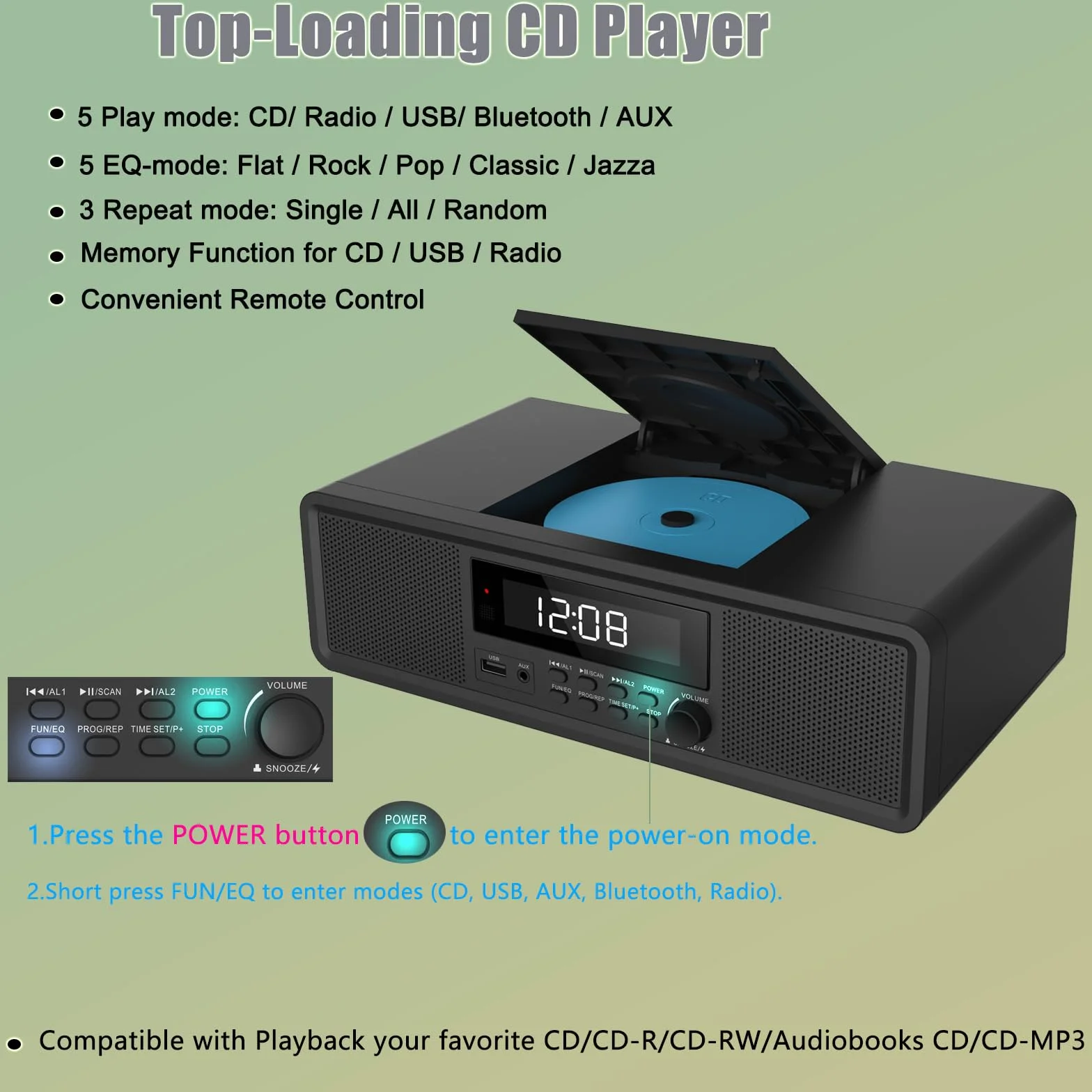 Sistema estéreo HiFi Compacta con CD, Radio FM, Bluetooth, USB, Auxiliar, Reloj Digital