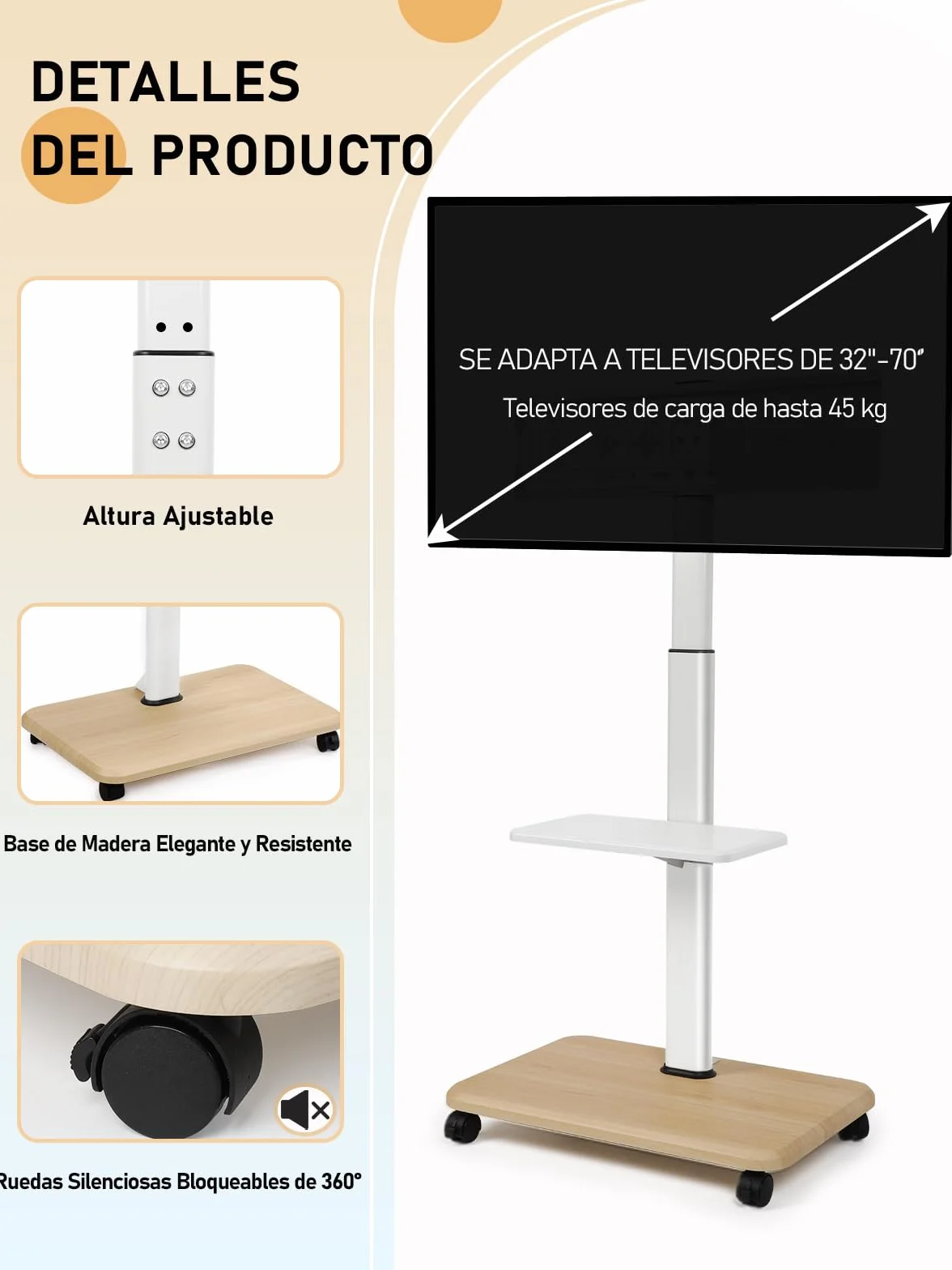 Soporte de TV Rodante Móvil para Televisores de 32-70 Pulgadas Planos/Curvos LED/LCD/OLED Altura Ajustable Soporte Portátil con Ruedas hasta 100lbs con Estante para Laptop y DVD para Exterior Blanco