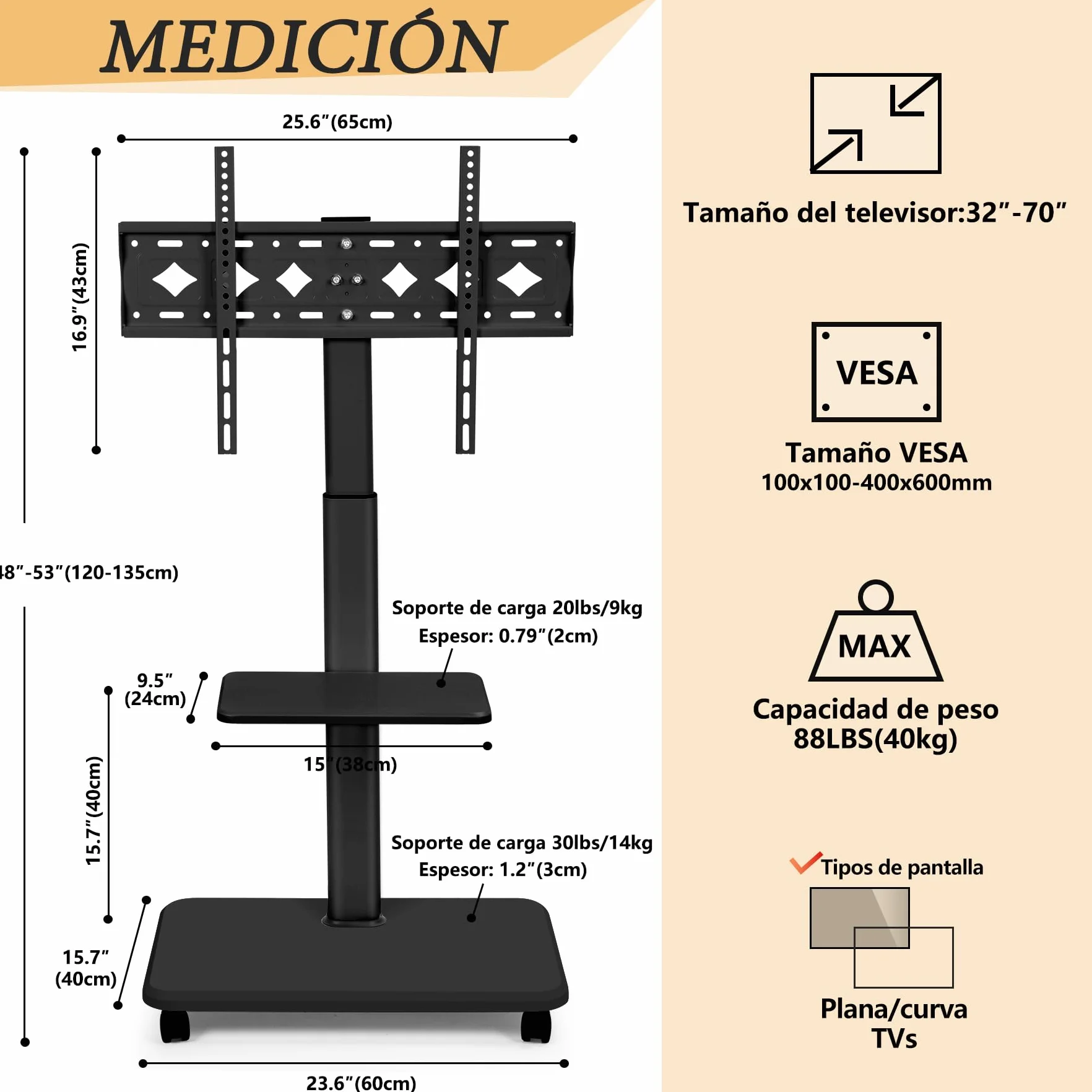 Soporte de TV con Ruedas para Pantallas LED LCD OLED 32"-70", 100 Libras, Altura Ajustable, Carrito Móvil, Negro