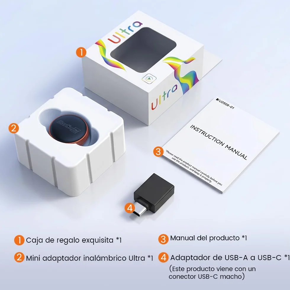 Carlinkit Mini Ultra 3 Wireless CarPlay Adaptador, Adaptador de coche Android inalámbrico, convierte OEM con cable a inalámbrico, USB A/C Plug & Play, conexión automática, actualización OTA, naranja