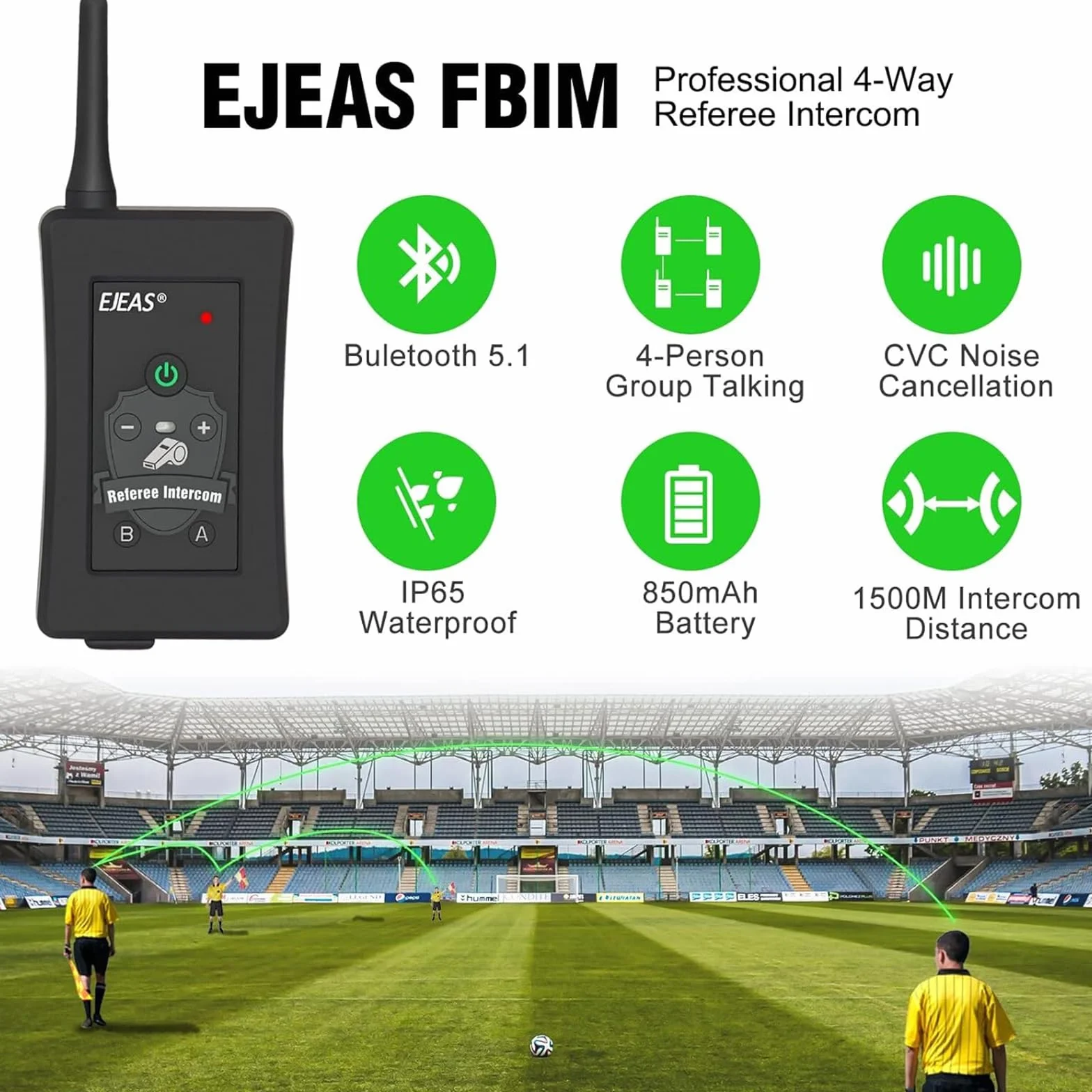 EJEAS FBIM Profesional Sistema de Comunicación con Intercomunicador Bluetooth, 1500M Intercomunicador para 4 Personas con Reducción de Ruido CVC, Brazalete