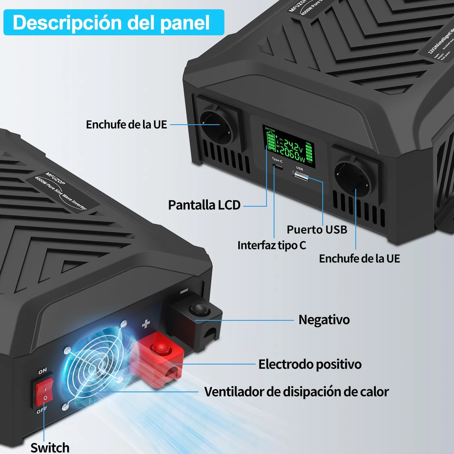 Inversor 24V 220V/230V Onda Pura 2300W, Convertidor 24V 220V 2300W con Pantalla LCD, 2 Tomas AC, 1 USB-A y 1 USB-C, para Autocaravana, Camión, Transformador Fuera de Red