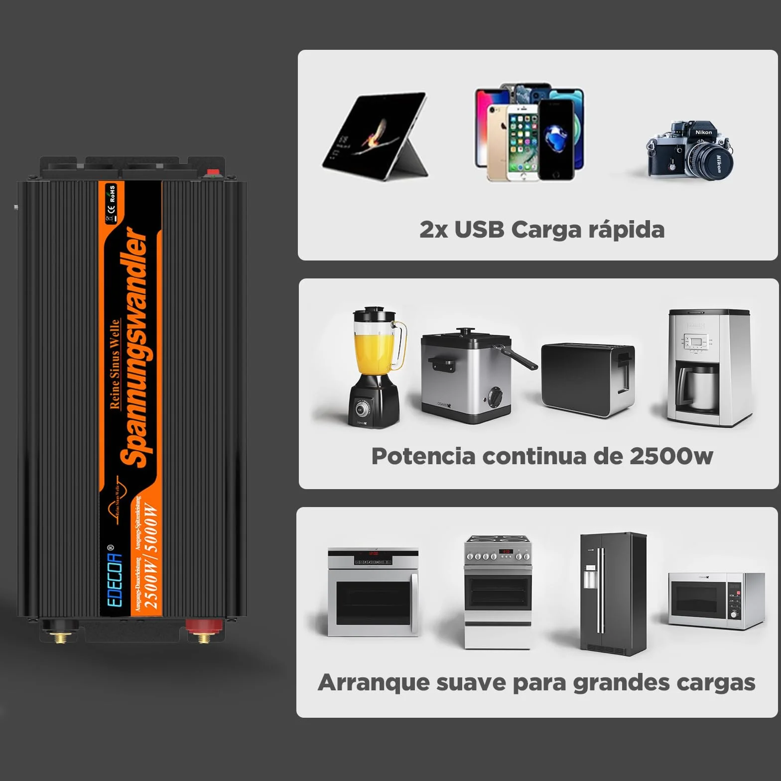 EDECOA inversor 12v 220v Onda Pura 2500w Modo Eco Convertidor Corriente Mando 2X USB Incluye para Autocaravana para Coche Panel Solar Sistema de Aislamiento galvanico (4a generacion)