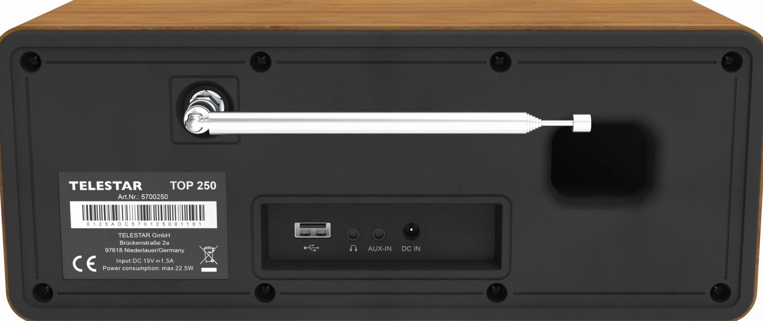 TELESTAR Top 250 – Dab+/Radio por Internet (estéreo, 2 × 10 W, Bluetooth Audio-Streaming & función de envío, grabación USB, Sistema de Emergencia, Control por App) – Madera