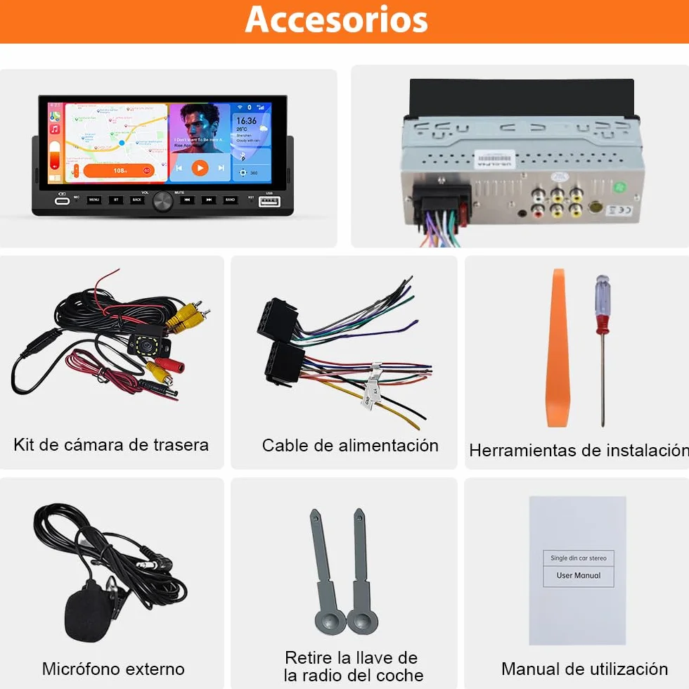 AWESAFE 6.86 Pulgadas 1 DIN Radio Coche Universal con Pantalla Táctil, con CarPlay/AndroidAuto/Admite Carga Type-C/USB/Micrófono/FM/EQ/WiFi/GPS/Bluetooth/USB/SWC y Cámara Trasera