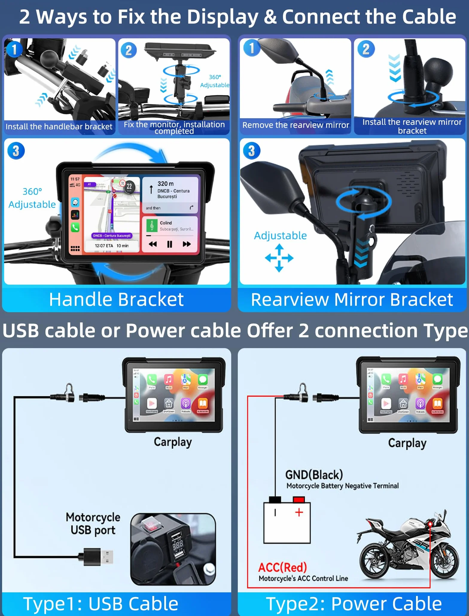 Jansite 7 Pulgadas Carplay Moto con 2 Métodos de Alimentación, Android Auto Navegador GPS con Pantalla de Motocicleta Impermeable 2.5D IPS, Bluetooth Dual Siri/G-oogle Assistant