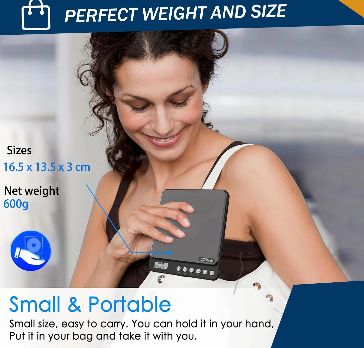 Reproductor de CD Portátil con Bluetooth 2000mAh Recargable Transmisor FM, Doble Jack 3.5mm para Coche