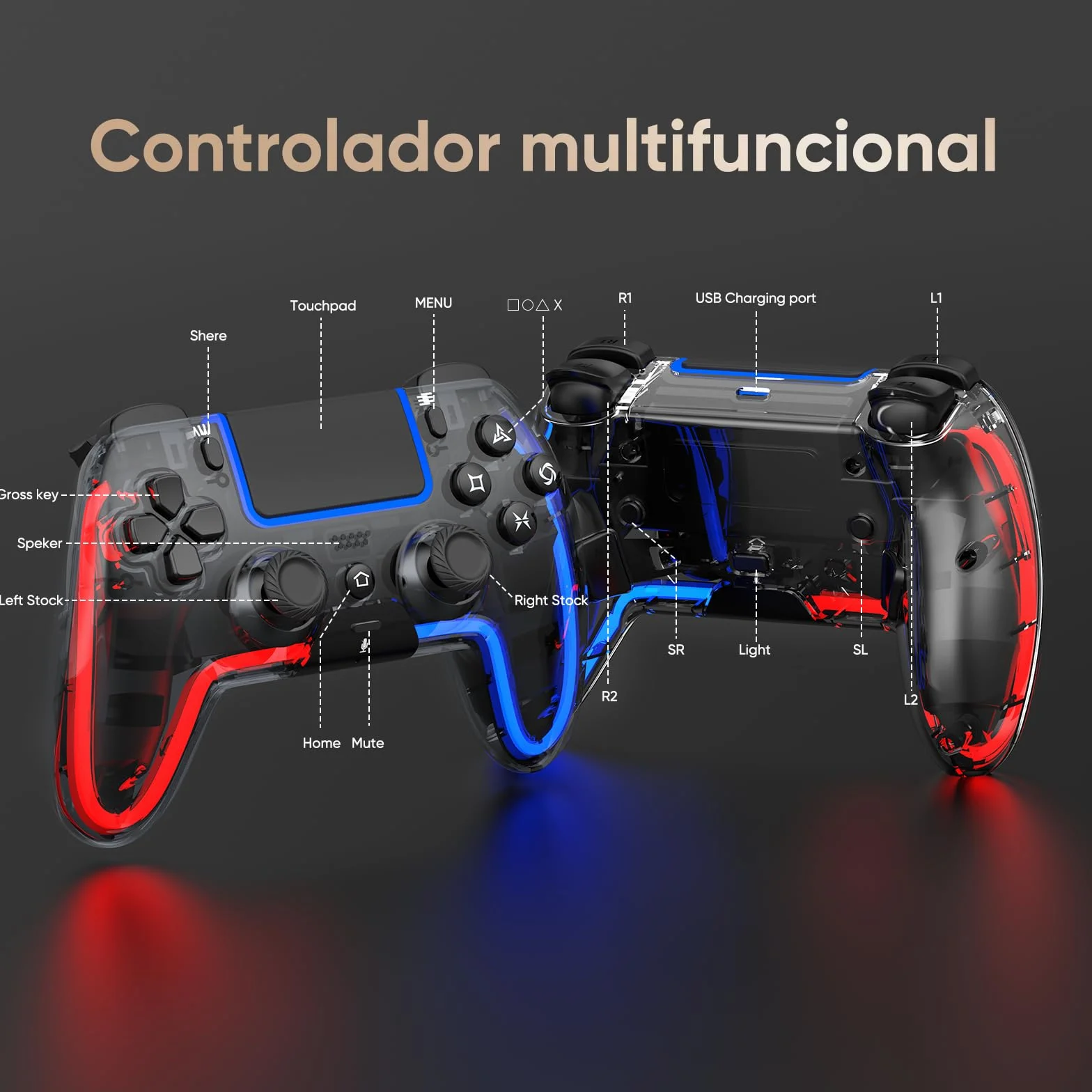 BETMI Mando inalámbrico compatible con PS5, con joystick de efecto Hall, doble vibración, macros, turbo, sensor de 6 ejes, luces RGB dinámicas y altavoz integrado (Transparent)