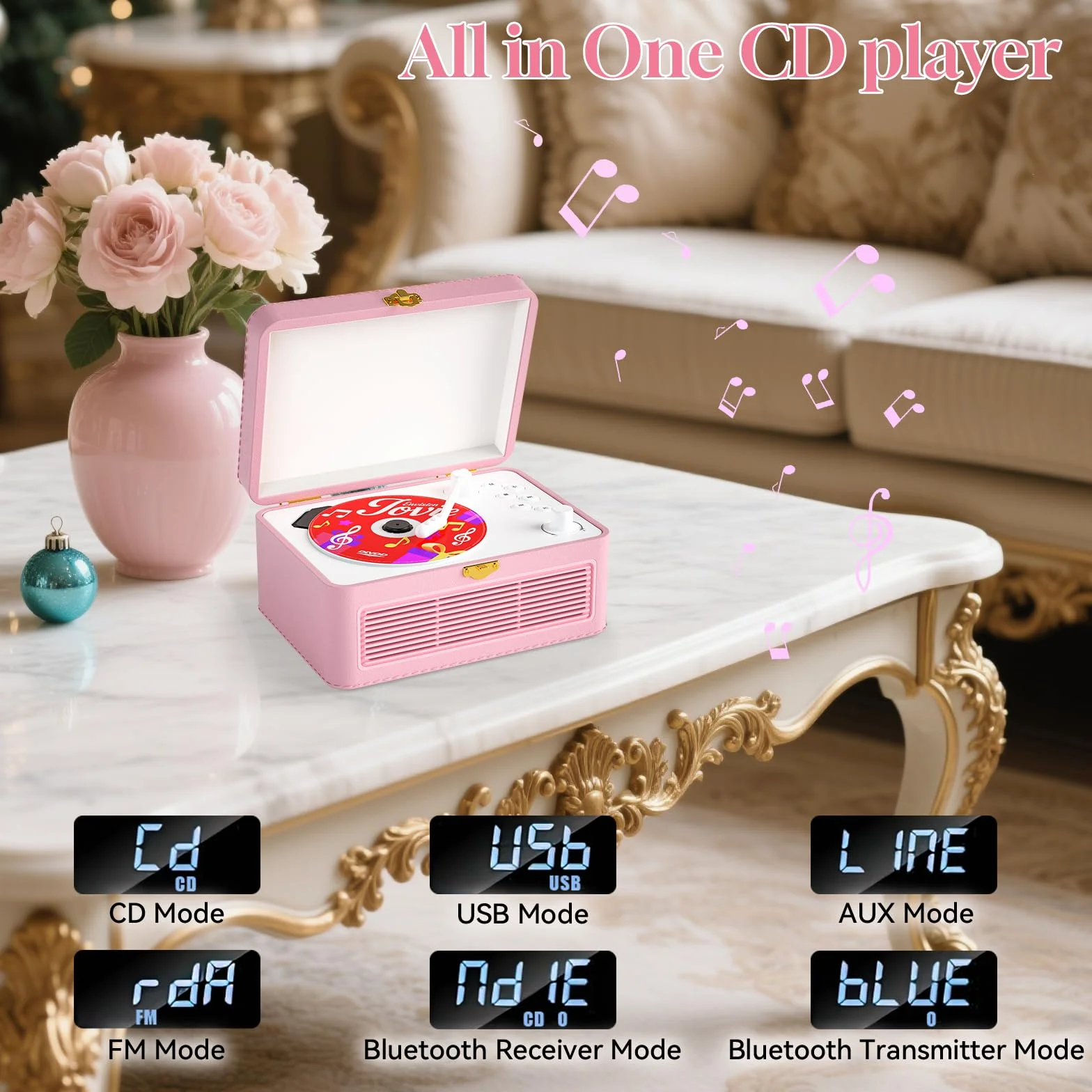 Gueray Reproductor CD Portátil Bluetooth 3600mAh Recargable con Altavoces, Diseño Maletín Retro, USB AUX, Rosa