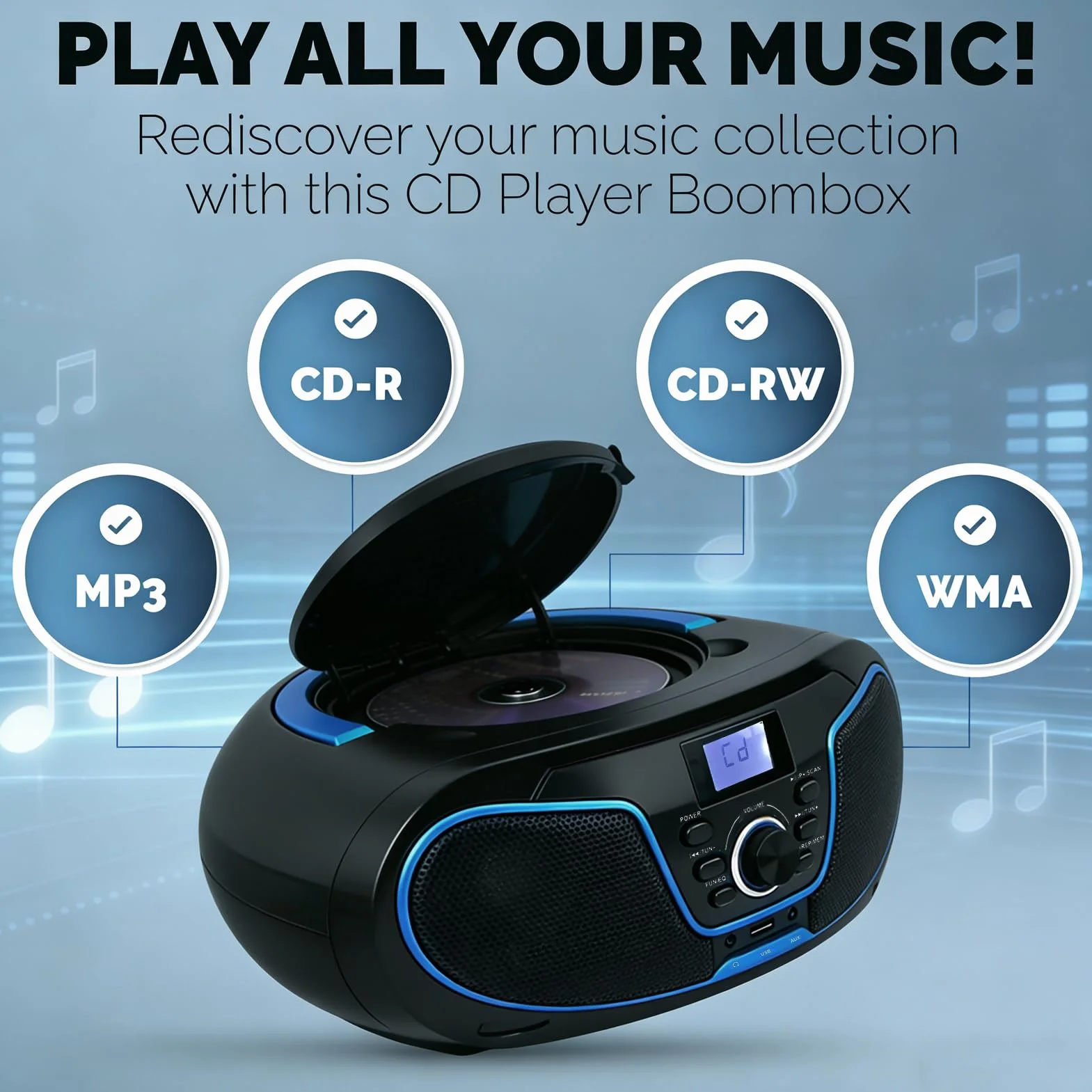 LONPOO Reproductor de CD portátil Boombox estéreo con Radio FM Bluetooth USB AUX Compacto CA o batería