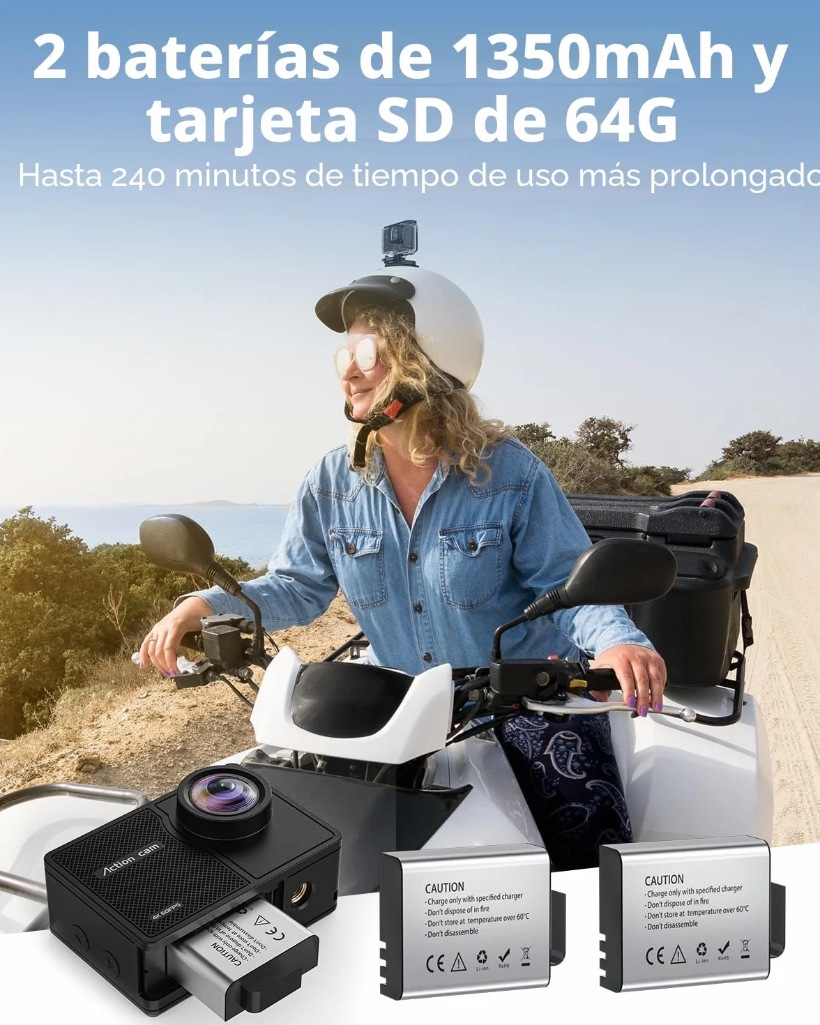 Cámara Deportiva 4K 60FPS 48MP WiFi con Tarjeta SD 64G, 170° EIS, Subacuática 40M, 2 Baterías 1350mAh