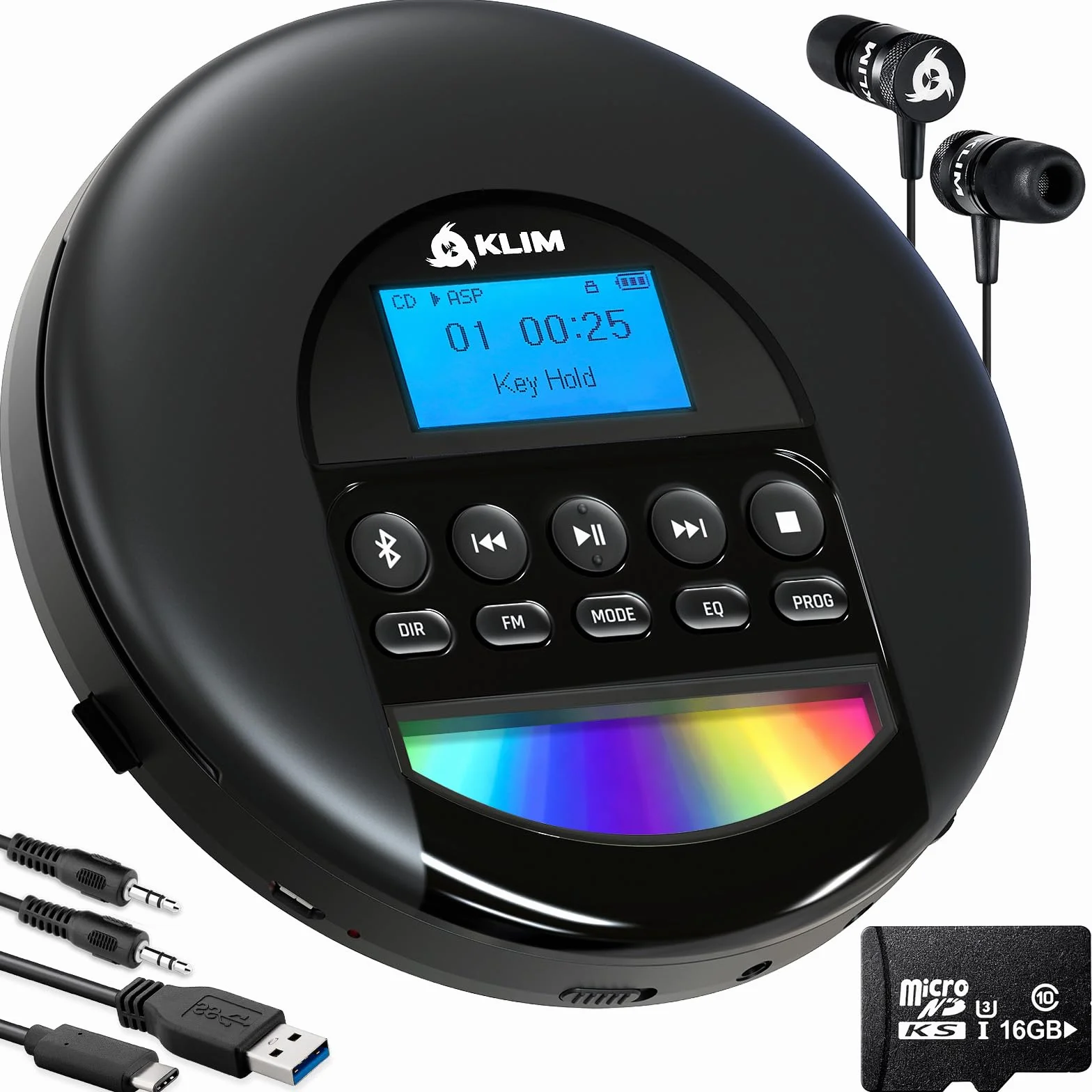 KLIM Nomad Reproductor CD Portátil con Batería Interna Larga Duración y Auriculares Fusion - 16GB TF Card - CD Player Mini Compacto - Radio FM Compatible CDR CDRW MP3 - Negro