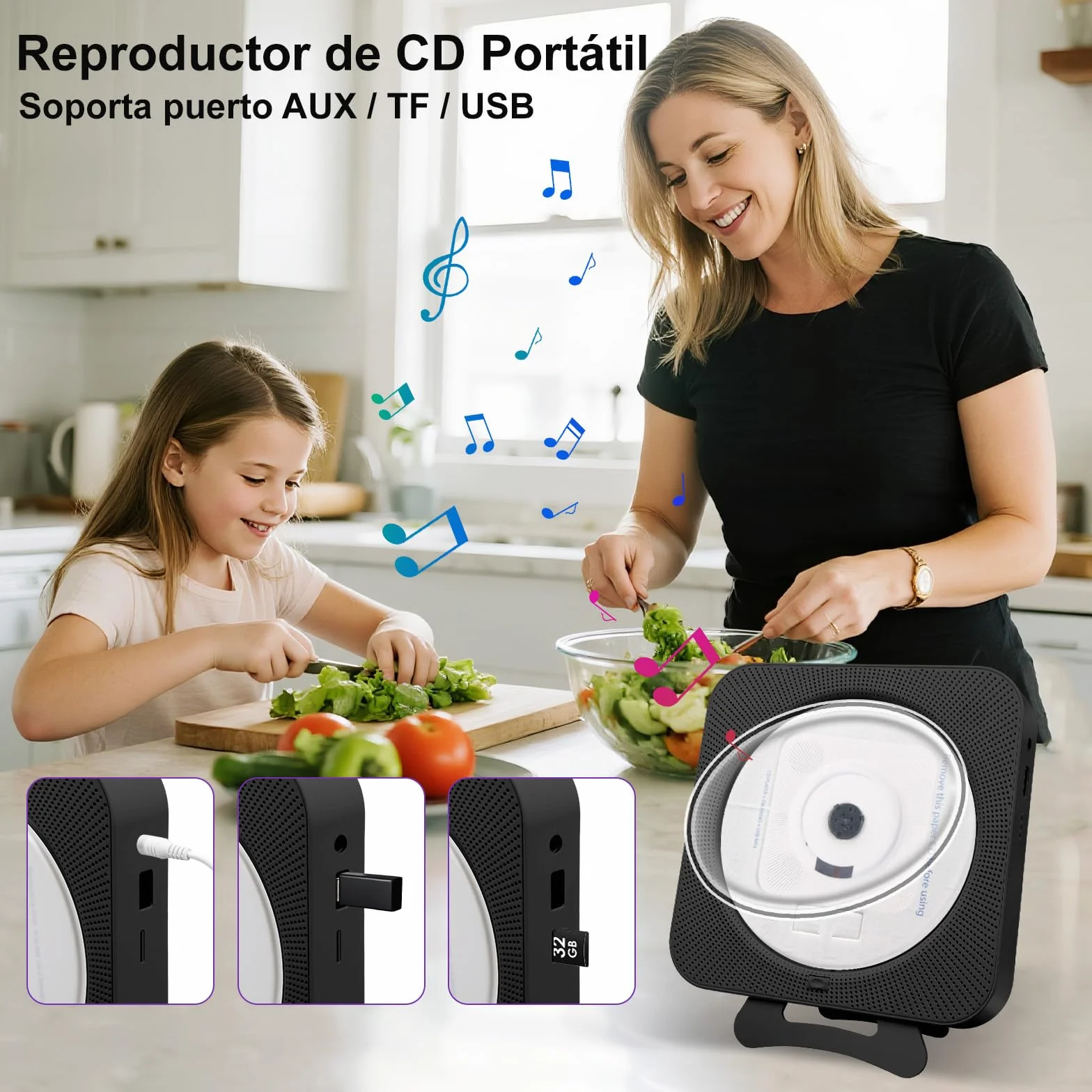 Reproductor de CD Portátil Bluetooth con Pantalla LCD, Radio FM, USB/AUX, Negro