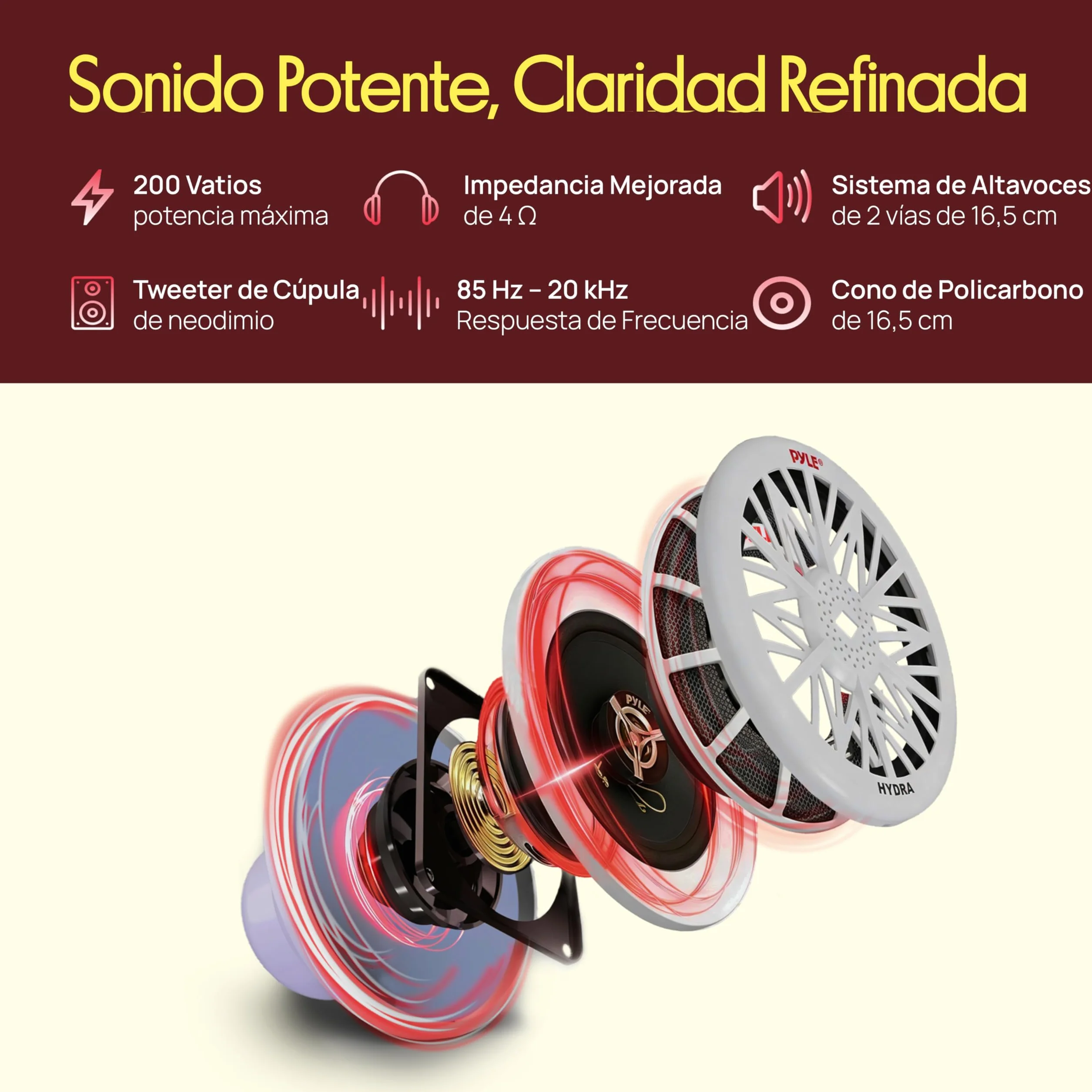 Pyle par de altavoces marinos de 6.5”, Sonido estereo, Exteriores, Resistentes al agua y a la intemperie, potencia de 200V