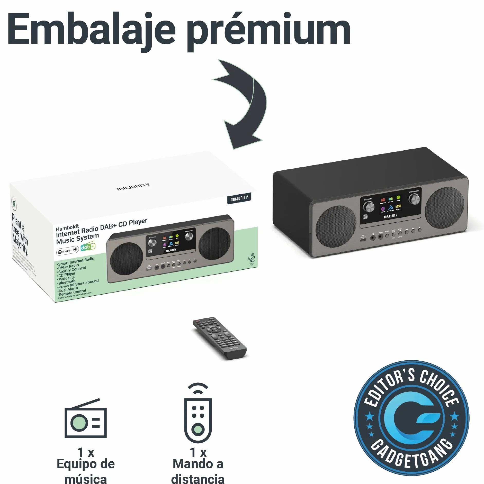 MAJORITY Humboldt Internet Radio Dab+ Reproductor de CD Sistema de Música I Spotify Connect I Bluetooth I Podcasts I Reloj Despertador Dual
