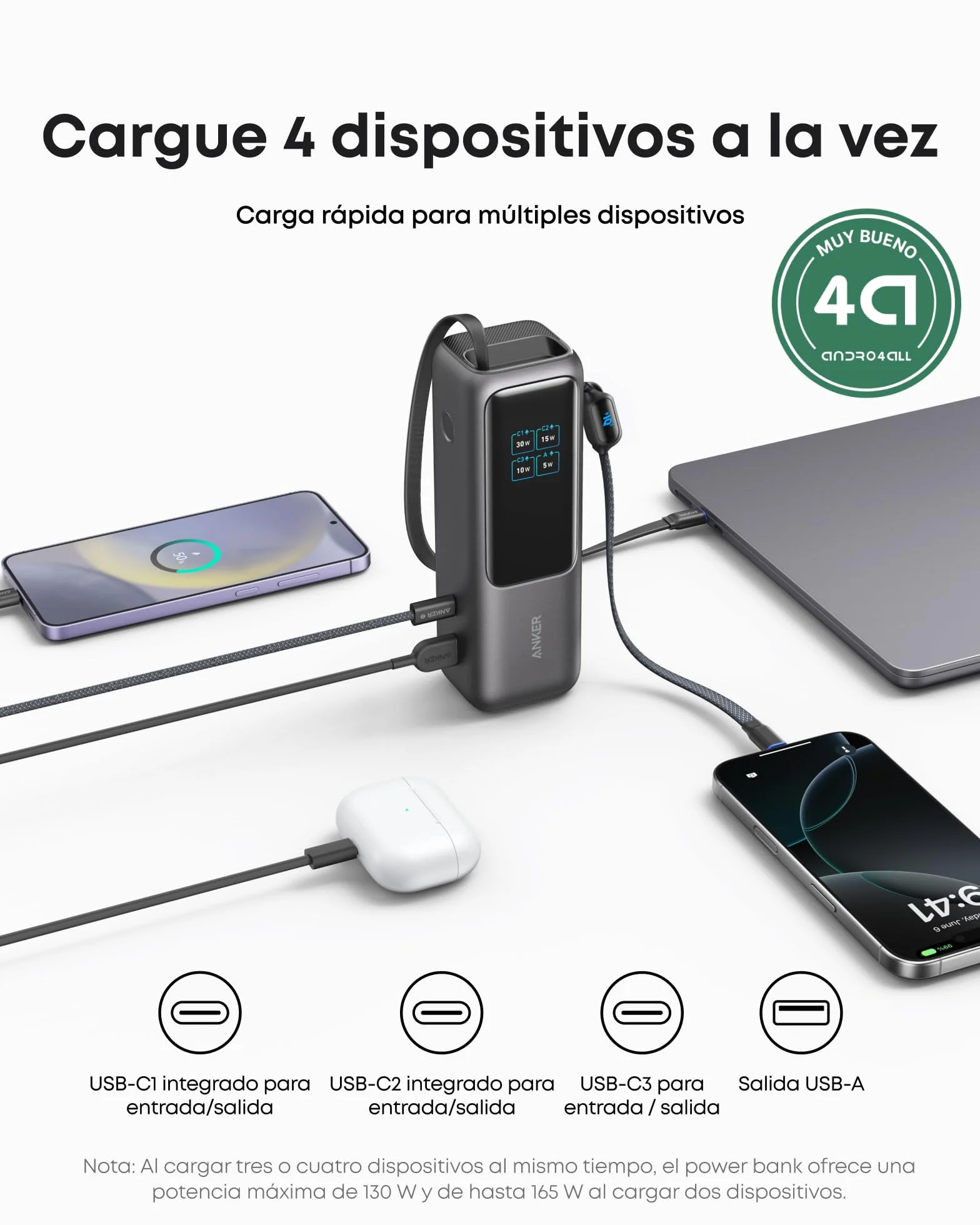Anker Zolo Power Bank Cargador portátil de 25000mAh y 165W, Tres Puertos USB-C de 100W MAX, Apto para Avión, Cables Integrados y retráctiles, para iPhone 17/16/15, MacBook y más