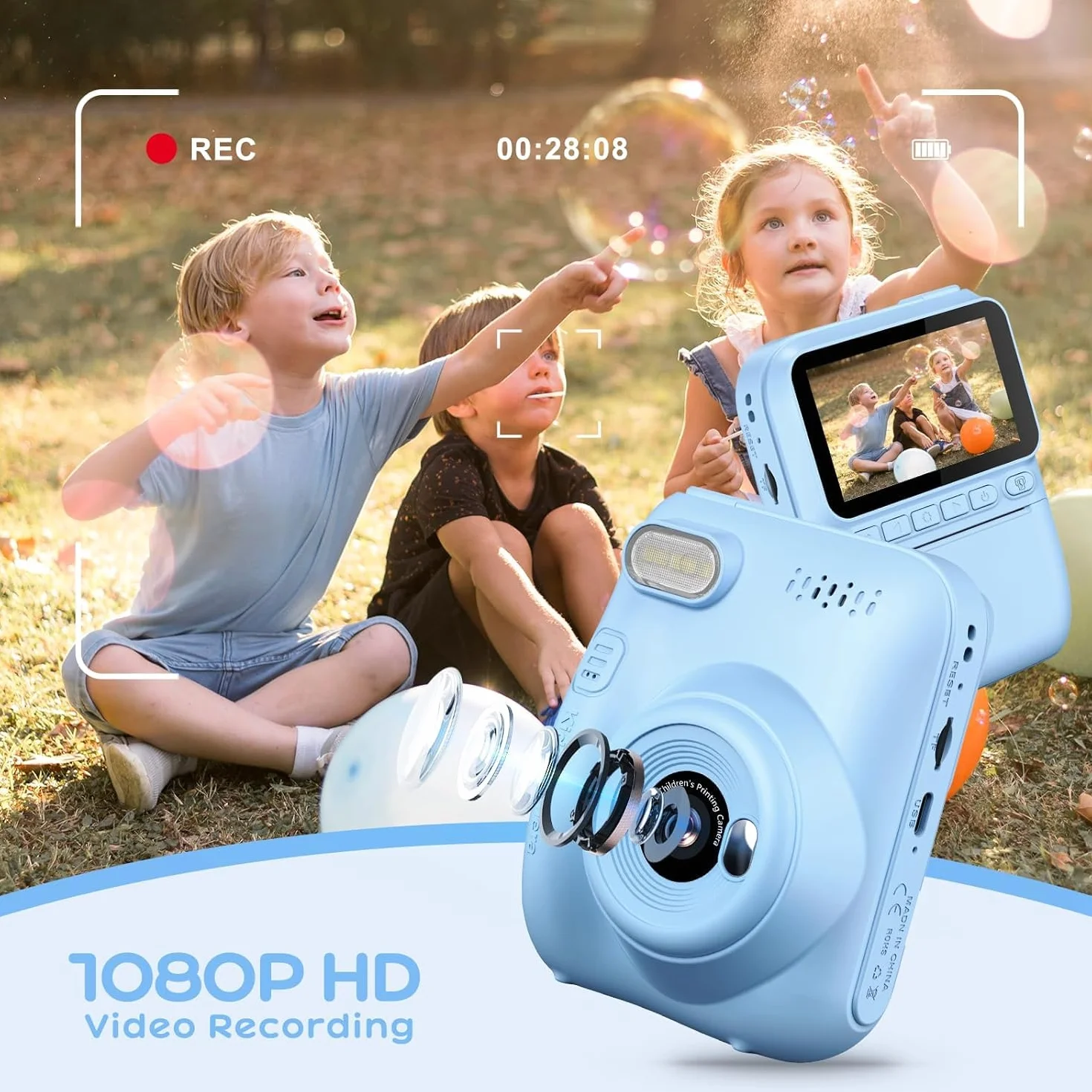 GREENKINDER Cámara Fotos Infantil Instantánea 14MP HD 1080P, 3,0 Pulgadas, con Tarjeta 32 GB y Papel de Impresión