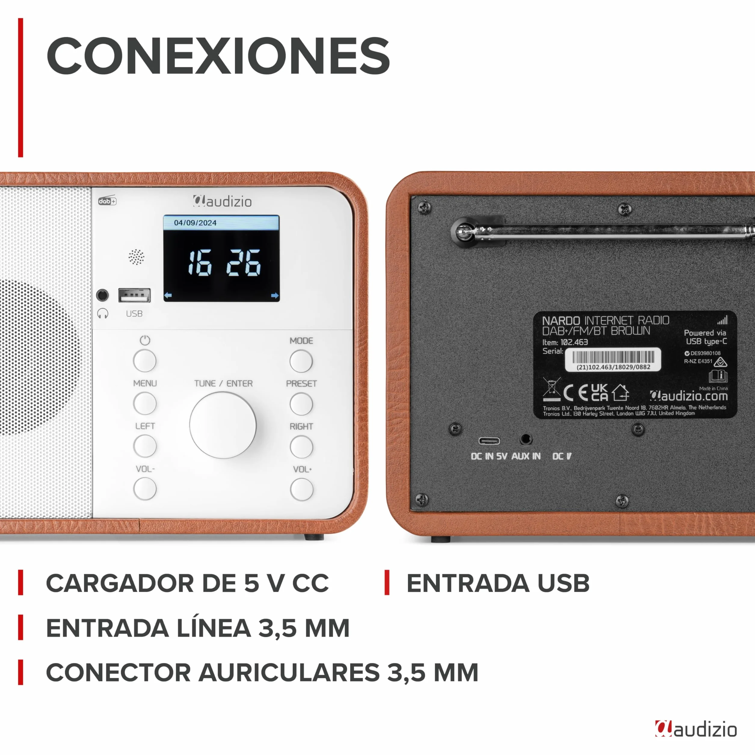 Audizio Nardo Radio Digital Dab con Bluetooth, WiFi Radio, Mando a Distancia, USB MP3 Playback, Dab Internet Radio, 32,000 Emisoras, Dab+/FM, 250 Presintonías - Blanco/Madera